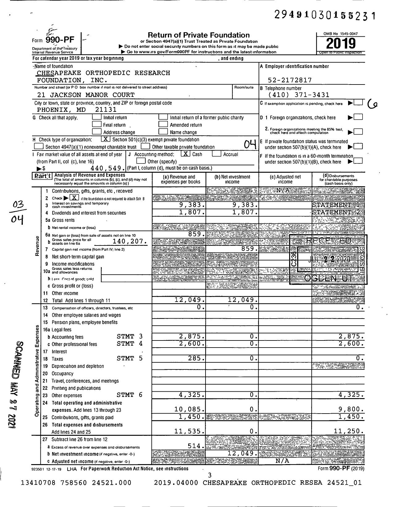 Image of first page of 2019 Form 990PF for Chesapeake Orthopedic Research Foundation