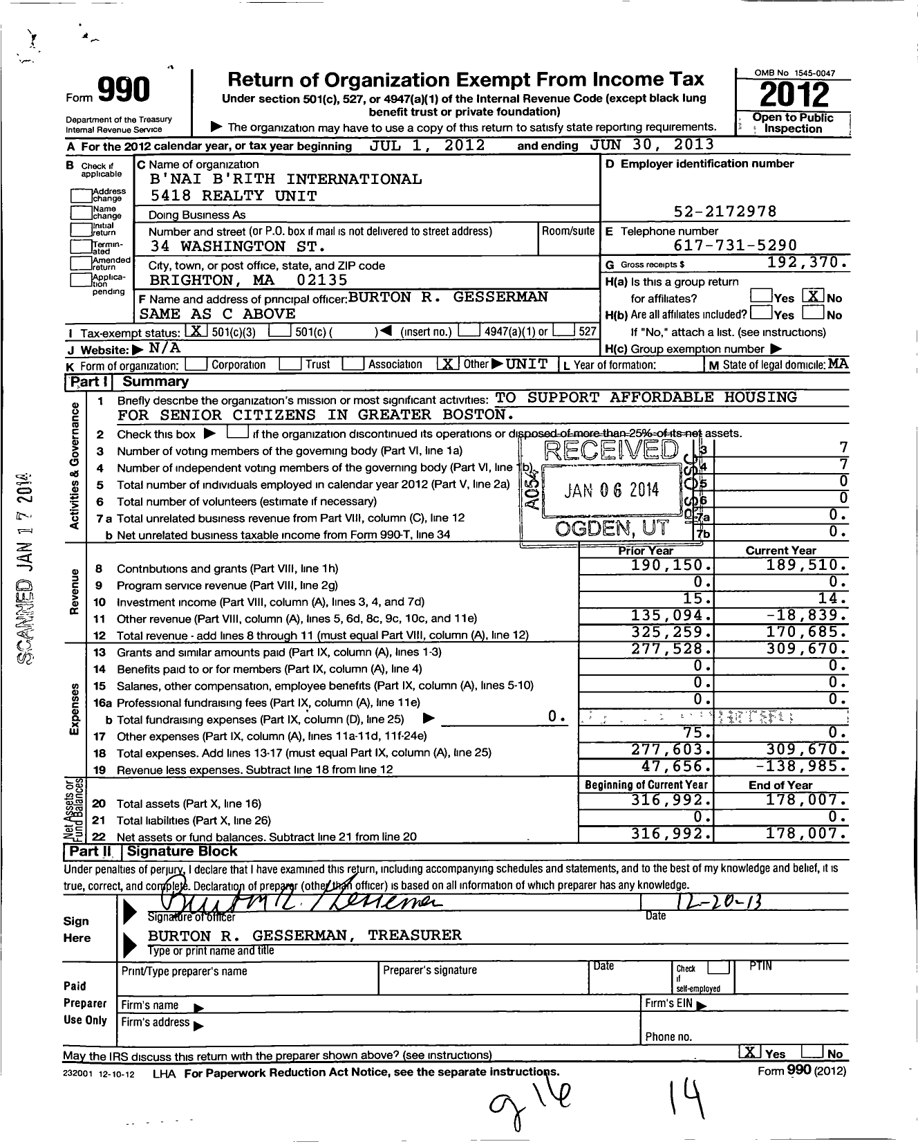 Image of first page of 2012 Form 990 for Bnai Brith International - 5418 Realty Unit