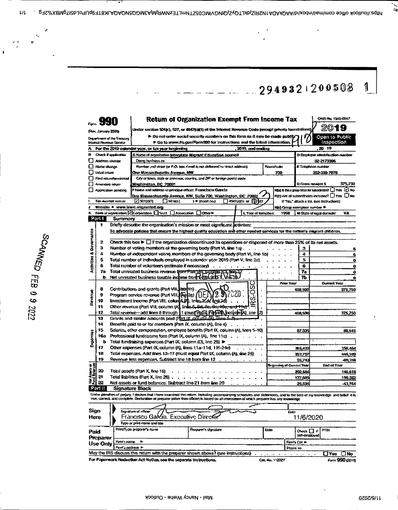 Image of first page of 2019 Form 990 for Interstate Migrant Education Council