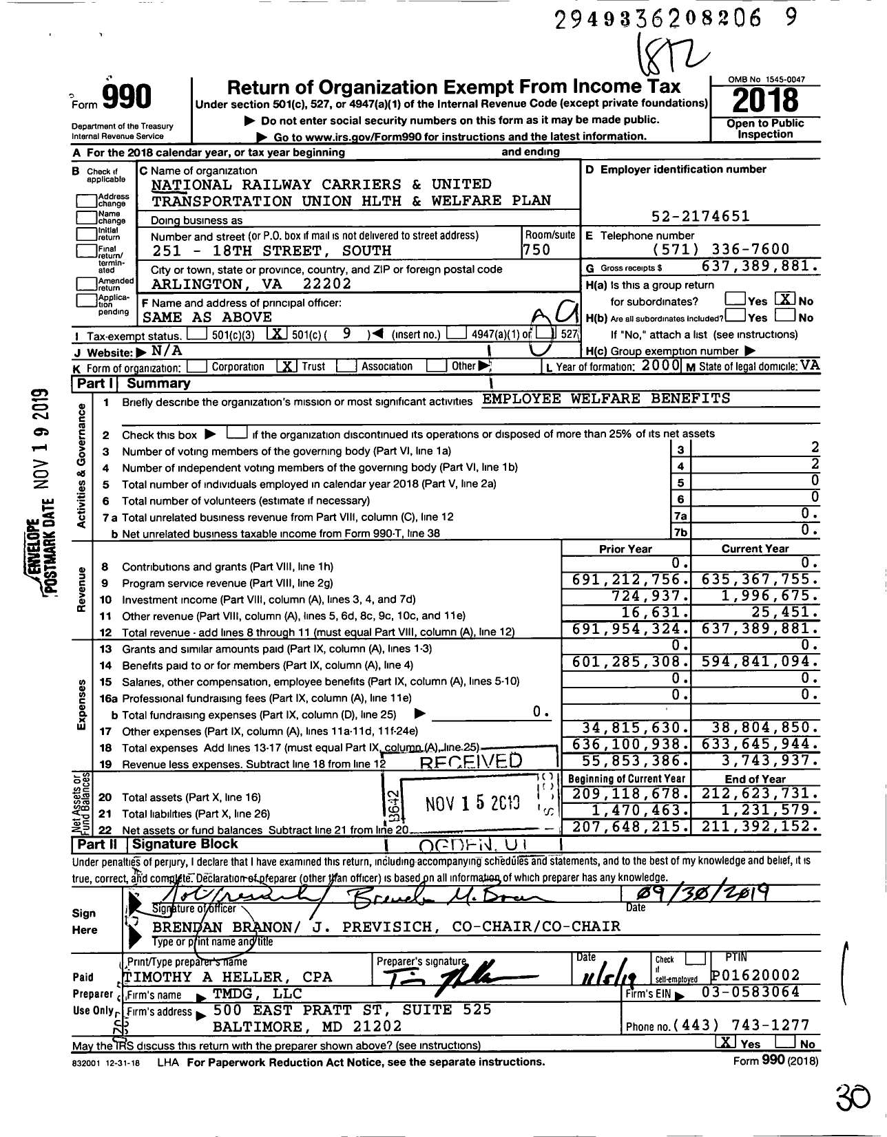 Image of first page of 2018 Form 990O for National Railway Carriers & United Transportation Union Hlth & Welfare Plan