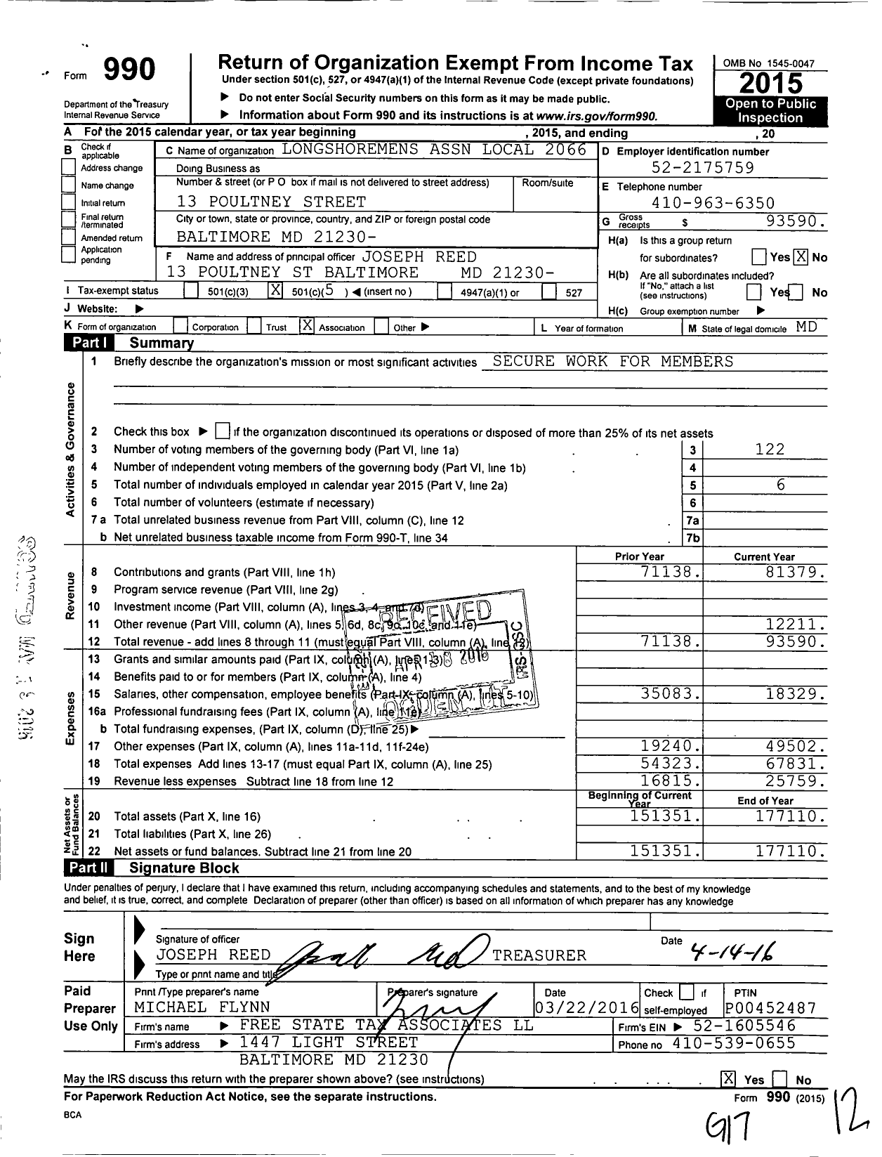 Image of first page of 2015 Form 990O for International Longshoremen's Association - Local 2066