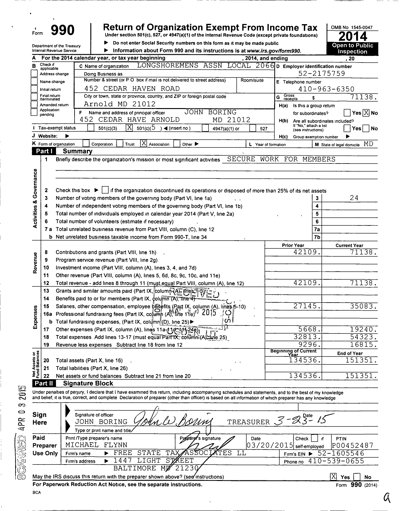 Image of first page of 2014 Form 990O for International Longshoremen's Association - Local 2066