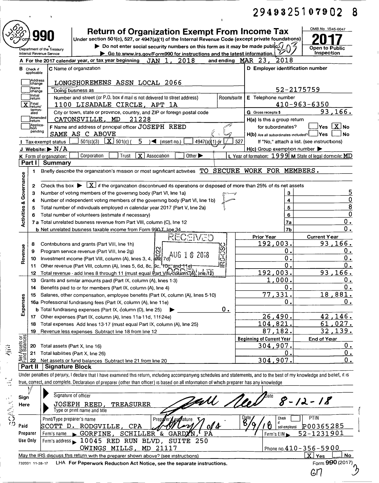 Image of first page of 2017 Form 990O for International Longshoremen's Association - Local 2066