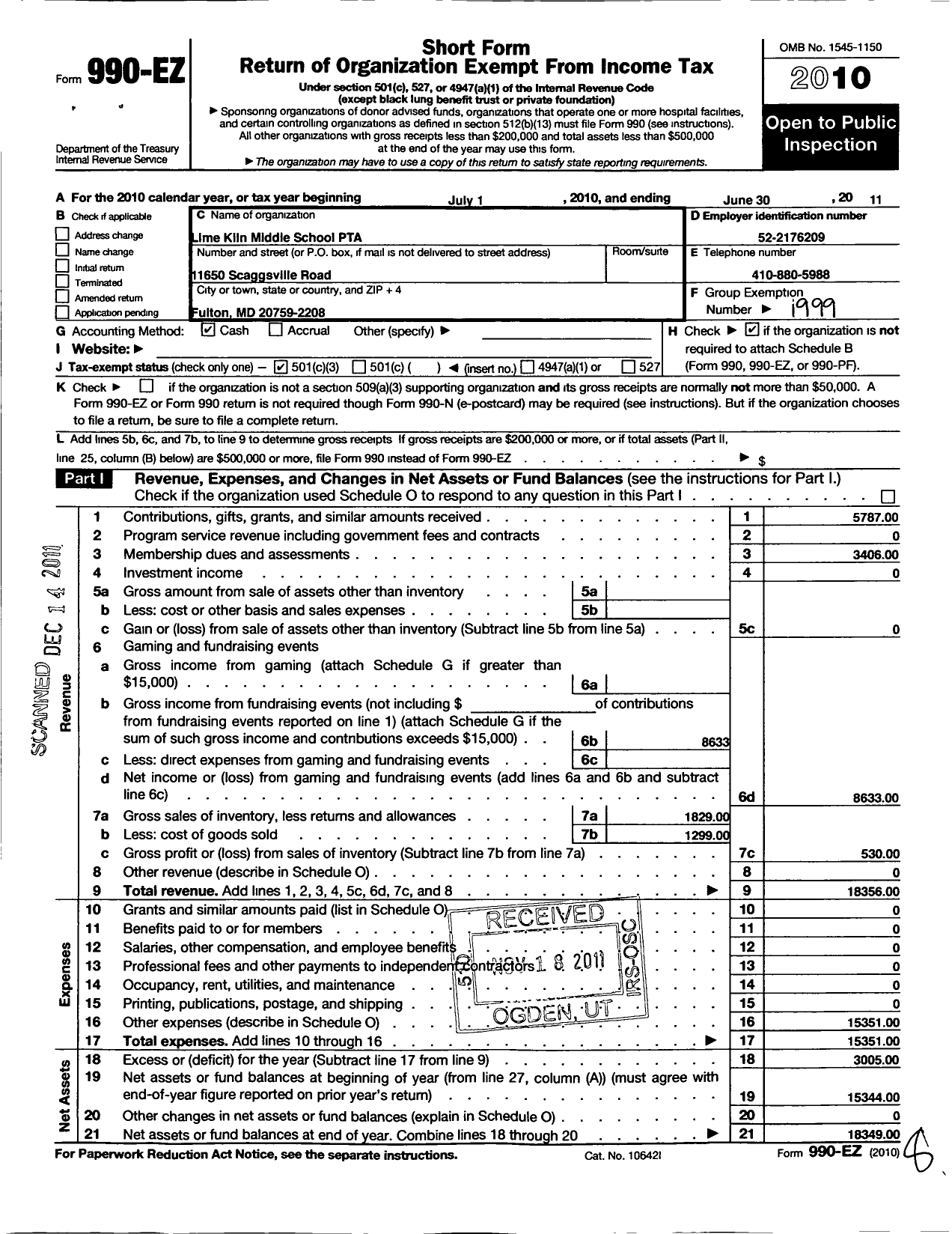 Image of first page of 2010 Form 990EZ for PTA Maryland Congress of Parent and Teachers / Lime Kiln Middle School PTA