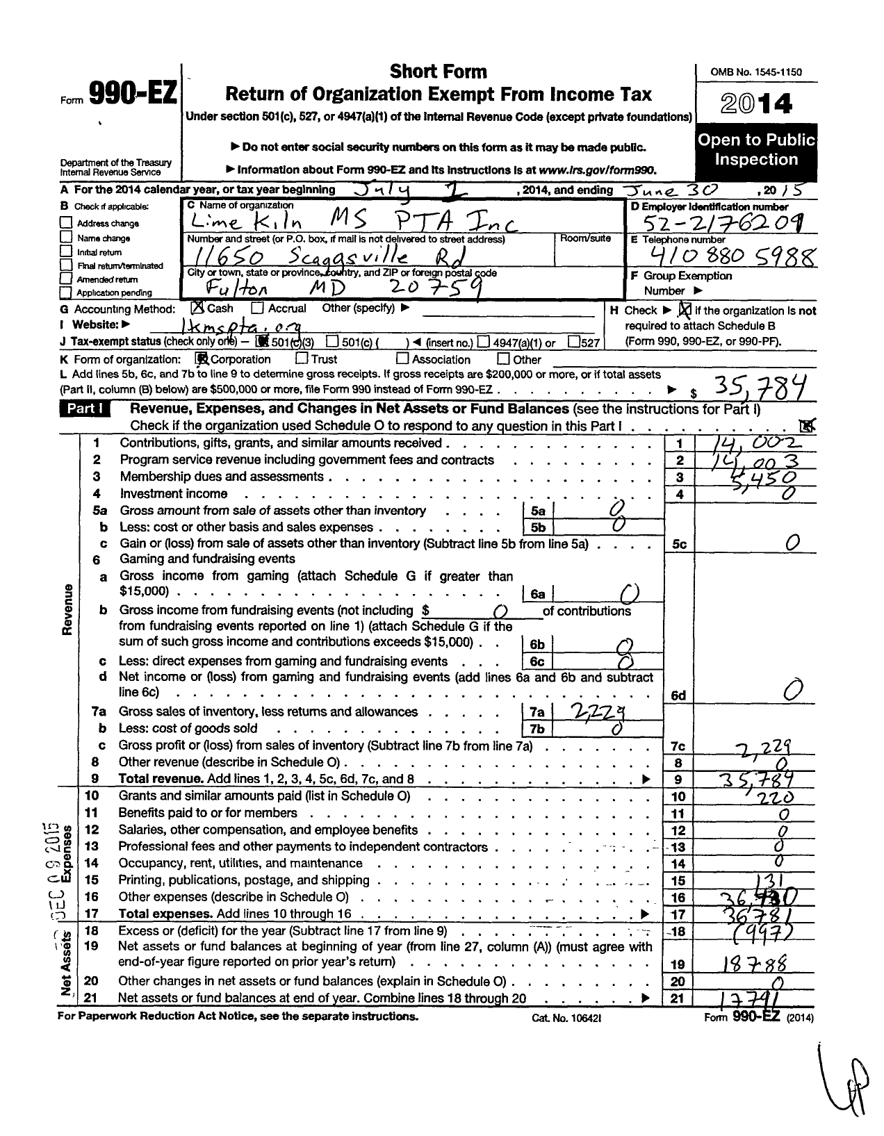 Image of first page of 2014 Form 990EZ for PTA Maryland Congress of Parent and Teachers / Lime Kiln Middle School PTA