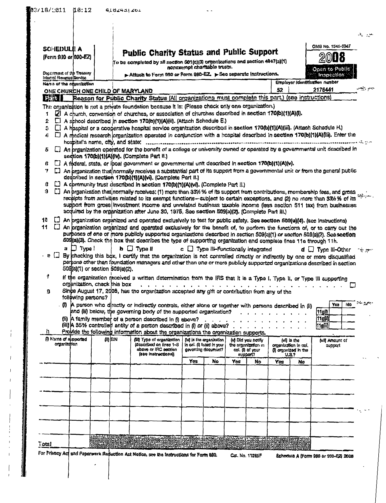 Image of first page of 2008 Form 990R for One Church One Child of Maryland