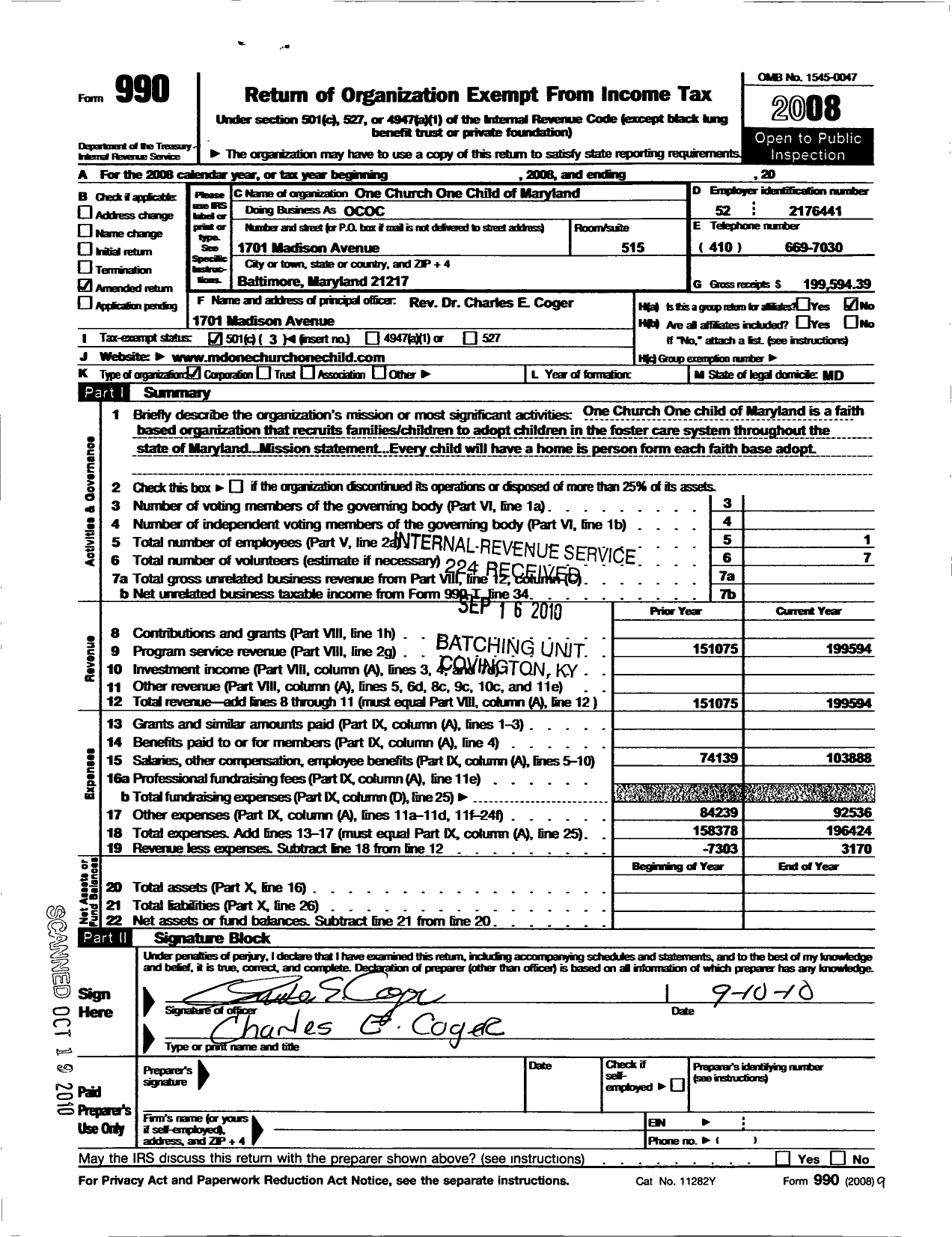 Image of first page of 2008 Form 990 for One Church One Child of Maryland