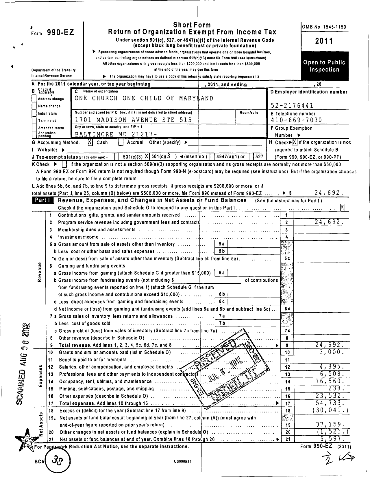 Image of first page of 2011 Form 990EZ for One Church One Child of Maryland