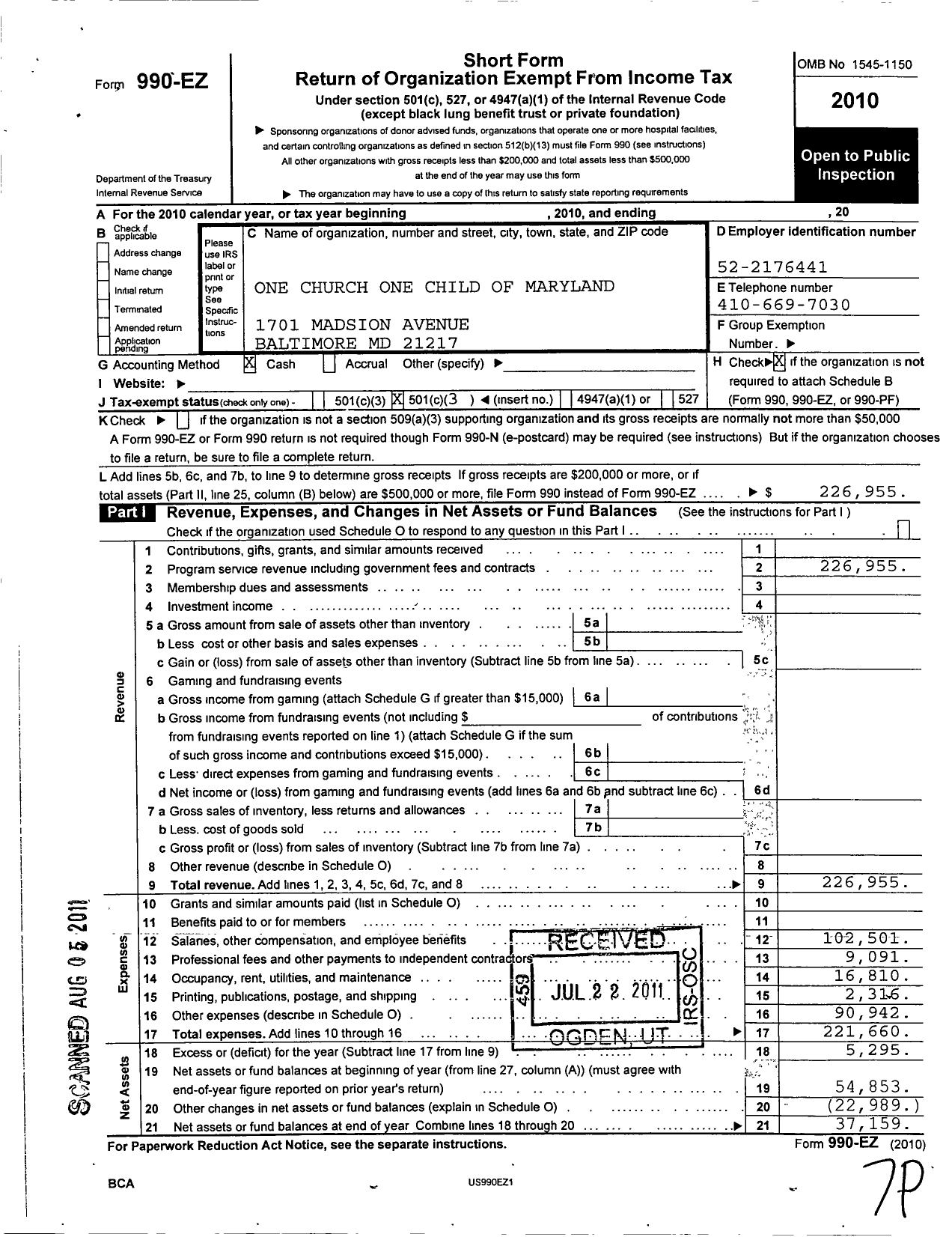 Image of first page of 2010 Form 990EZ for One Church One Child of Maryland