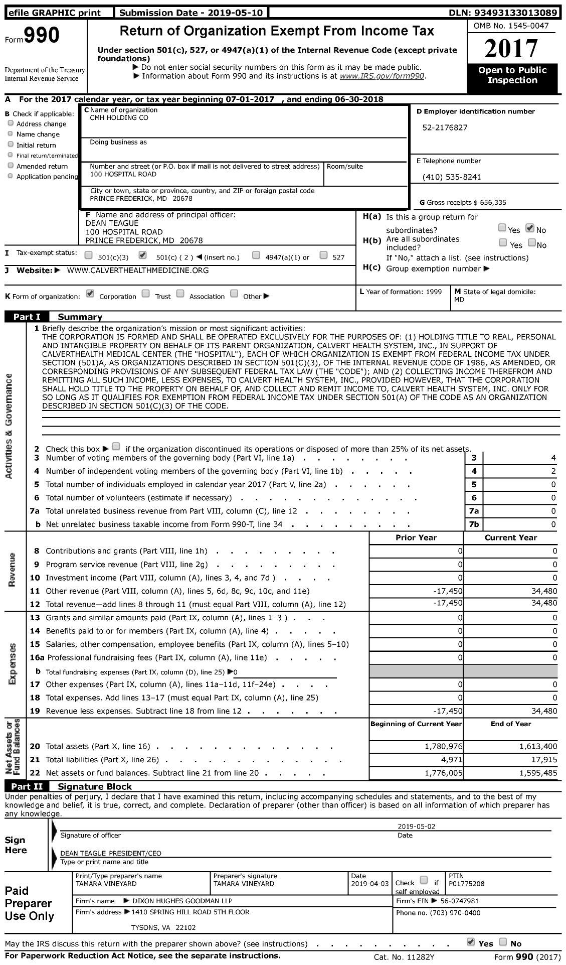 Image of first page of 2017 Form 990 for CMH Holding