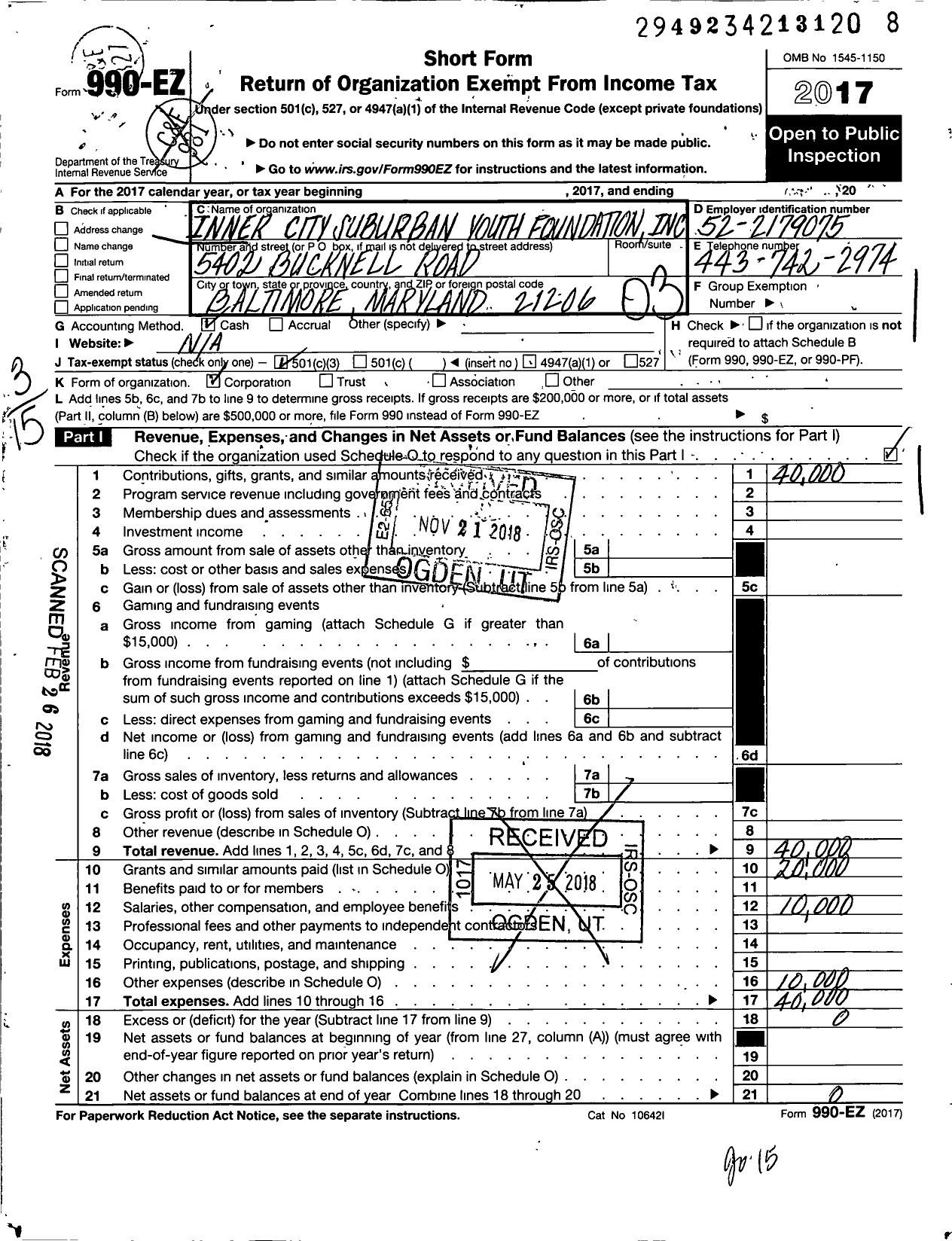 Image of first page of 2017 Form 990EZ for Inner City Suburban Youth Foundation