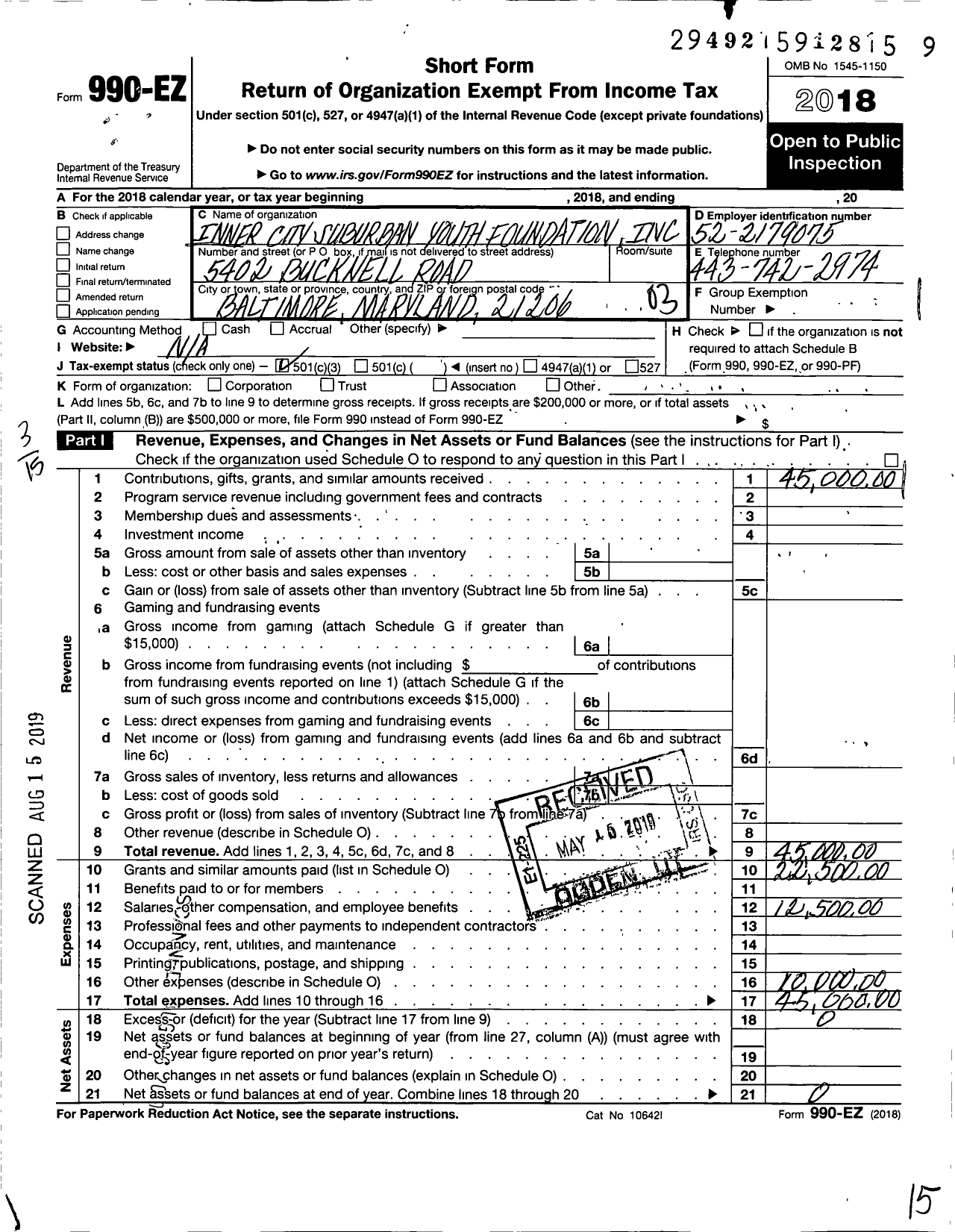 Image of first page of 2018 Form 990EZ for Inner City Suburban Youth Foundation