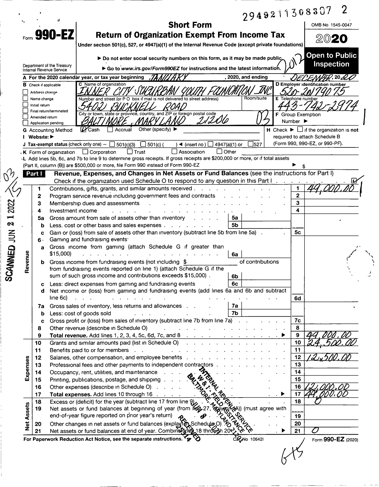 Image of first page of 2020 Form 990EZ for Inner City Suburban Youth Foundation