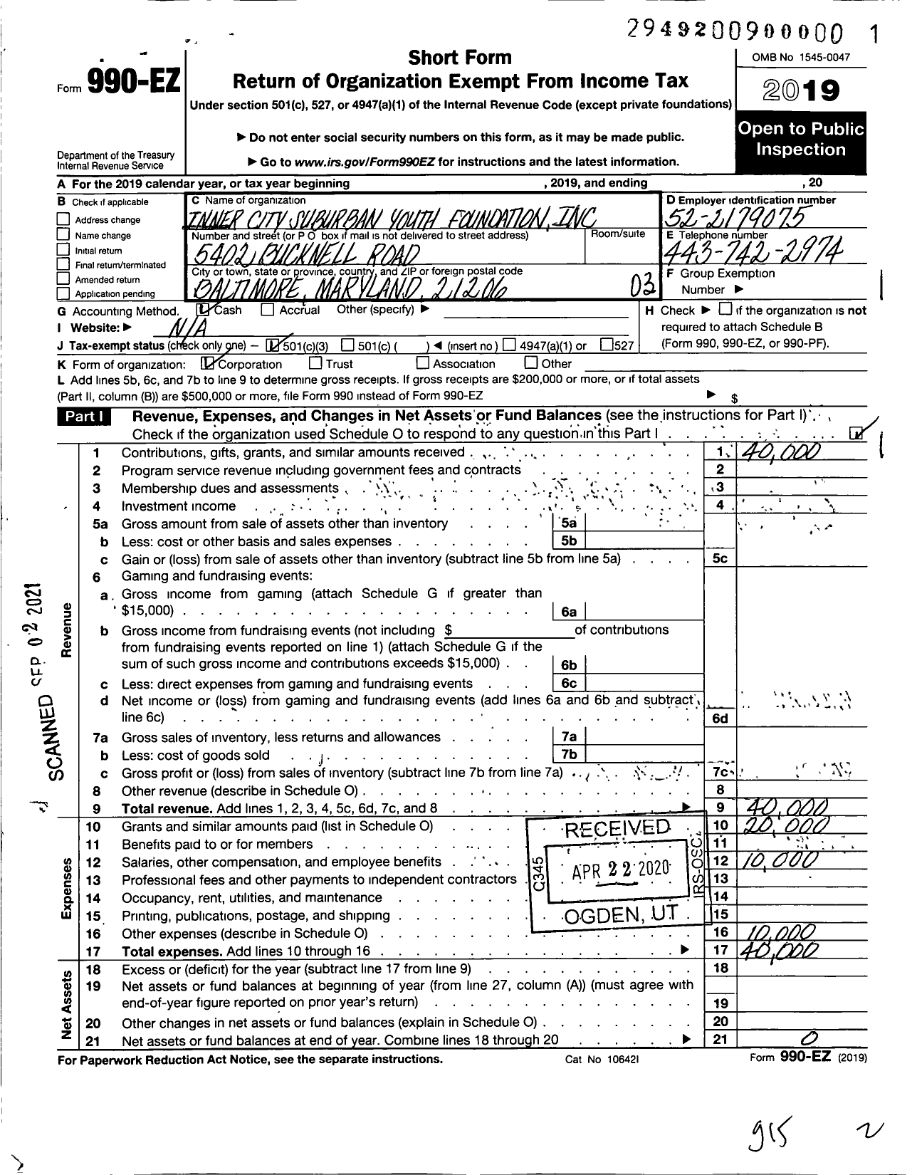 Image of first page of 2019 Form 990EZ for Inner City Suburban Youth Foundation