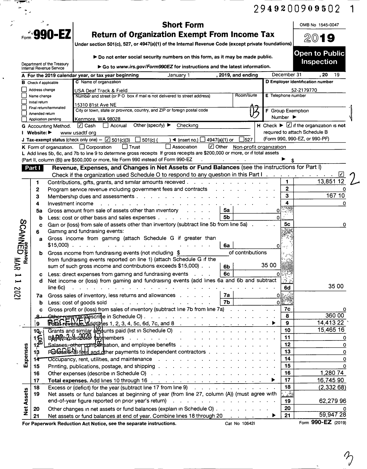 Image of first page of 2019 Form 990EZ for United States of America Deaf Track and Field