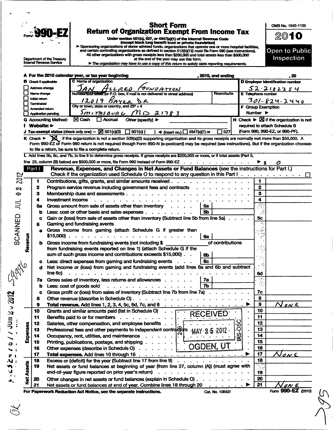 Image of first page of 2010 Form 990EZ for Jan Allred Fundation