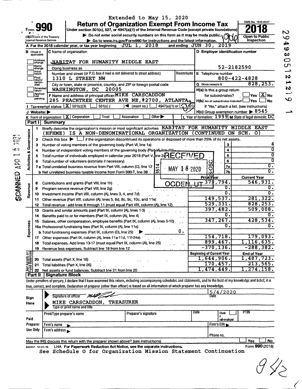 Image of first page of 2018 Form 990 for Habitat for Humanity - Middle East