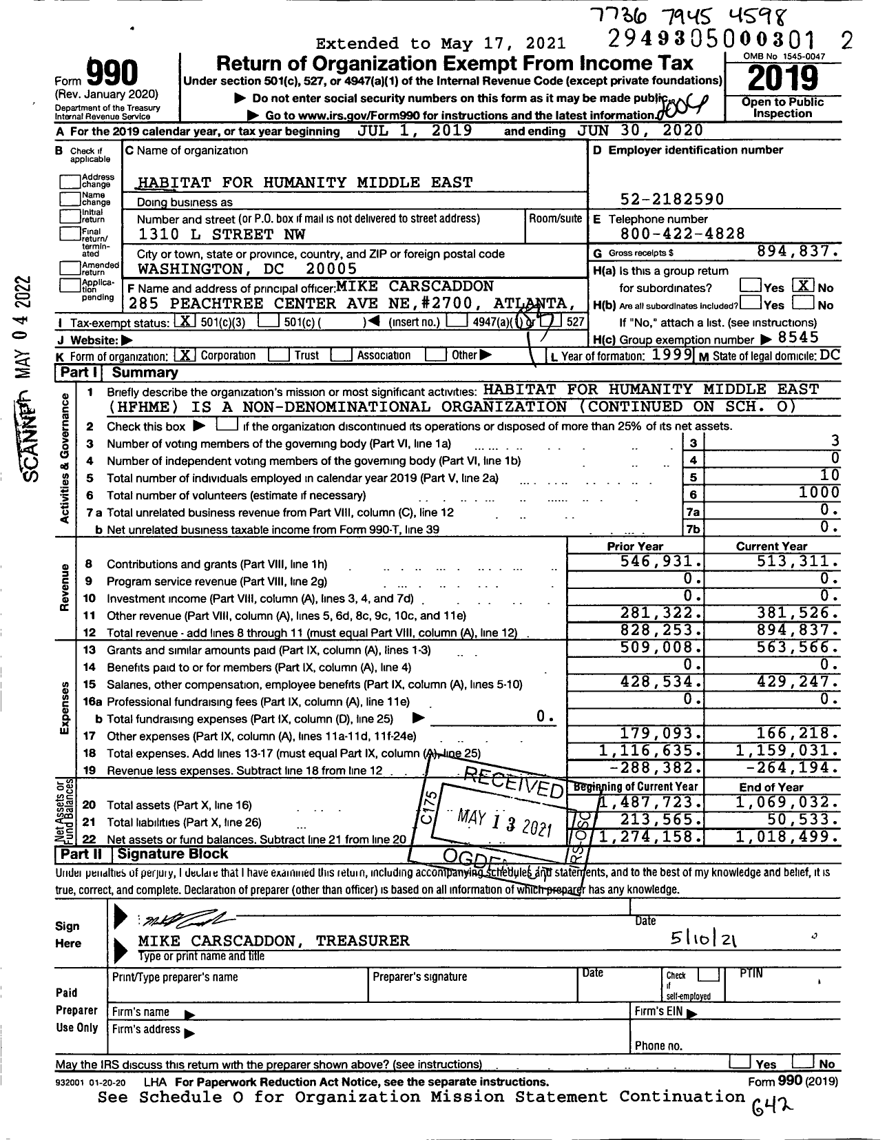 Image of first page of 2019 Form 990 for Habitat for Humanity - Middle East