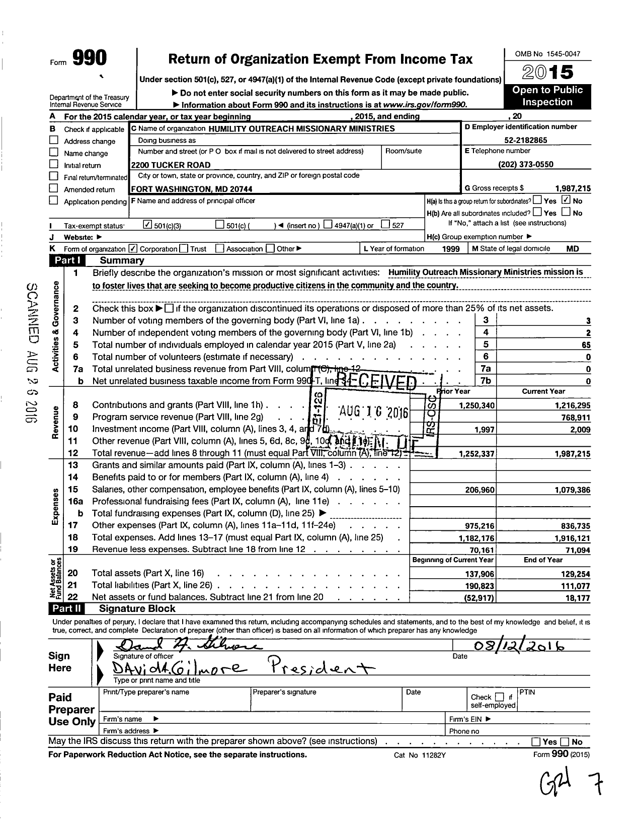 Image of first page of 2015 Form 990 for Humility Outreach Missionary Ministries