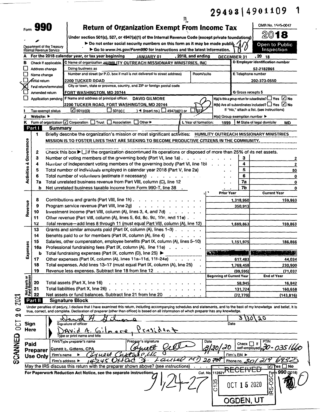 Image of first page of 2018 Form 990 for Humility Outreach Missionary Ministries