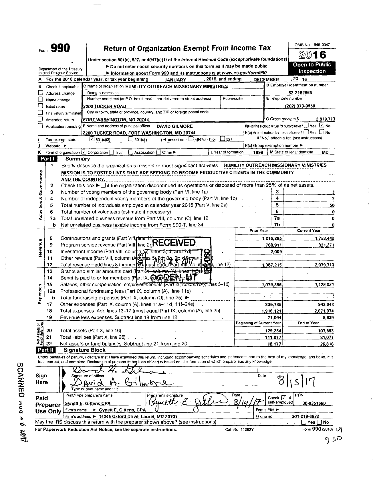 Image of first page of 2016 Form 990 for Humility Outreach Missionary Ministries