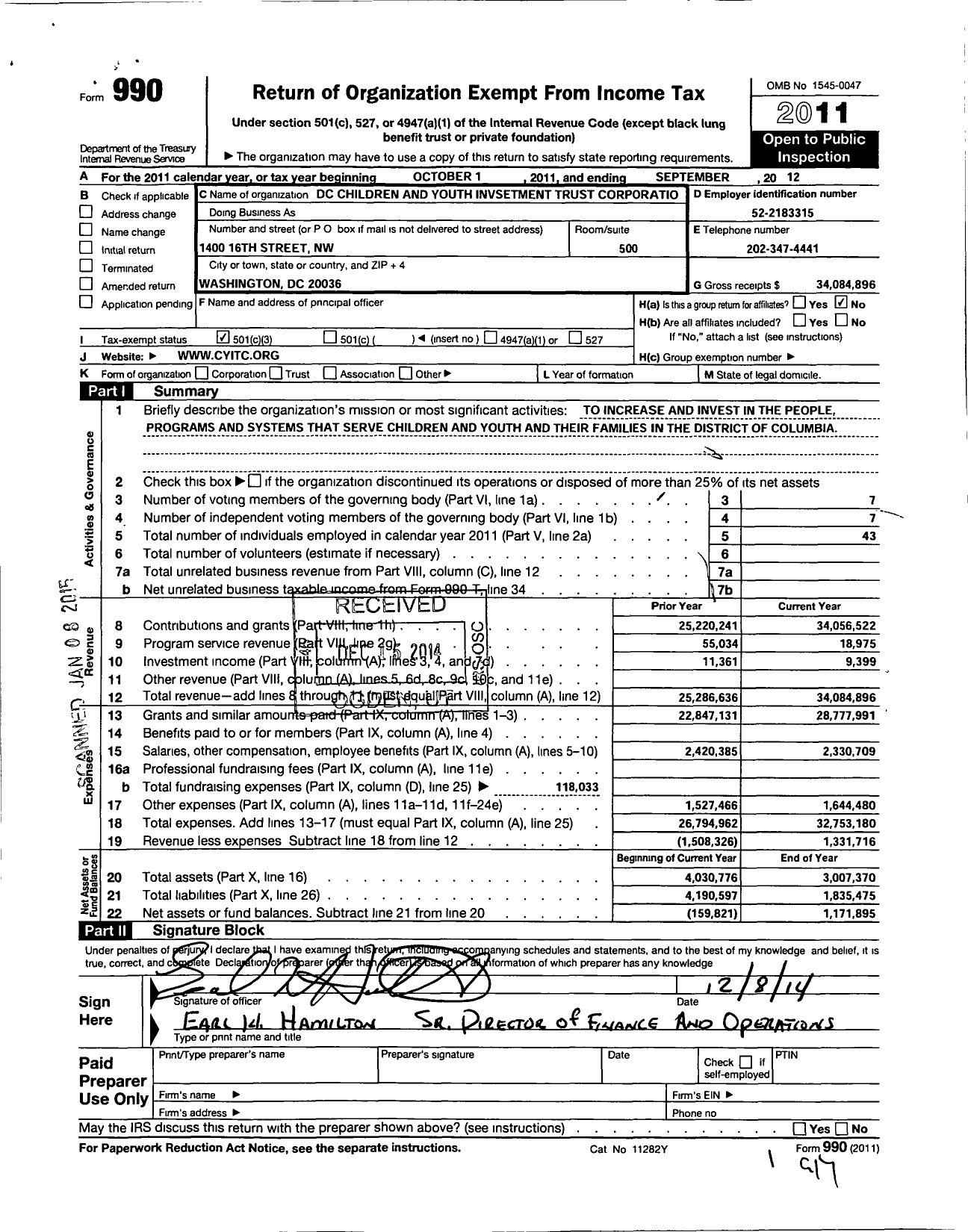 Image of first page of 2011 Form 990 for DC Children and Youth Investment Trust Corporation