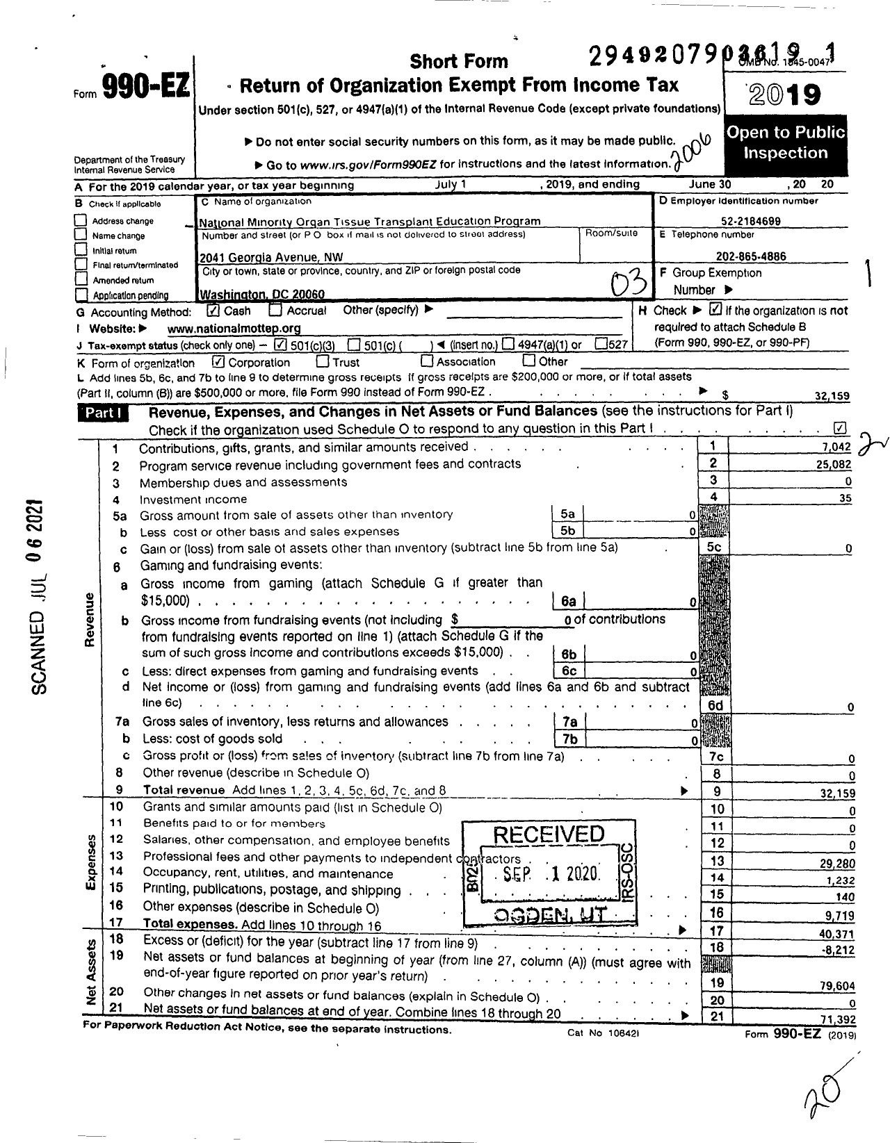 Image of first page of 2019 Form 990EZ for National Minority Organ Tissue Transplant Education Program (MOTTEP)