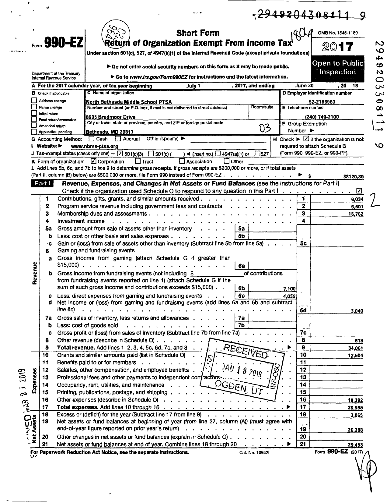 Image of first page of 2017 Form 990EZ for PTA Delaware Congress / North Bethesda Middle School Ptsa