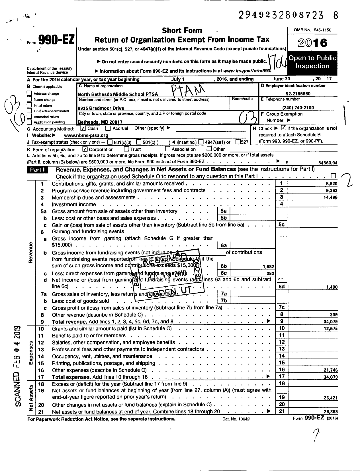 Image of first page of 2016 Form 990EZ for PTA Delaware Congress / North Bethesda Middle School Ptsa