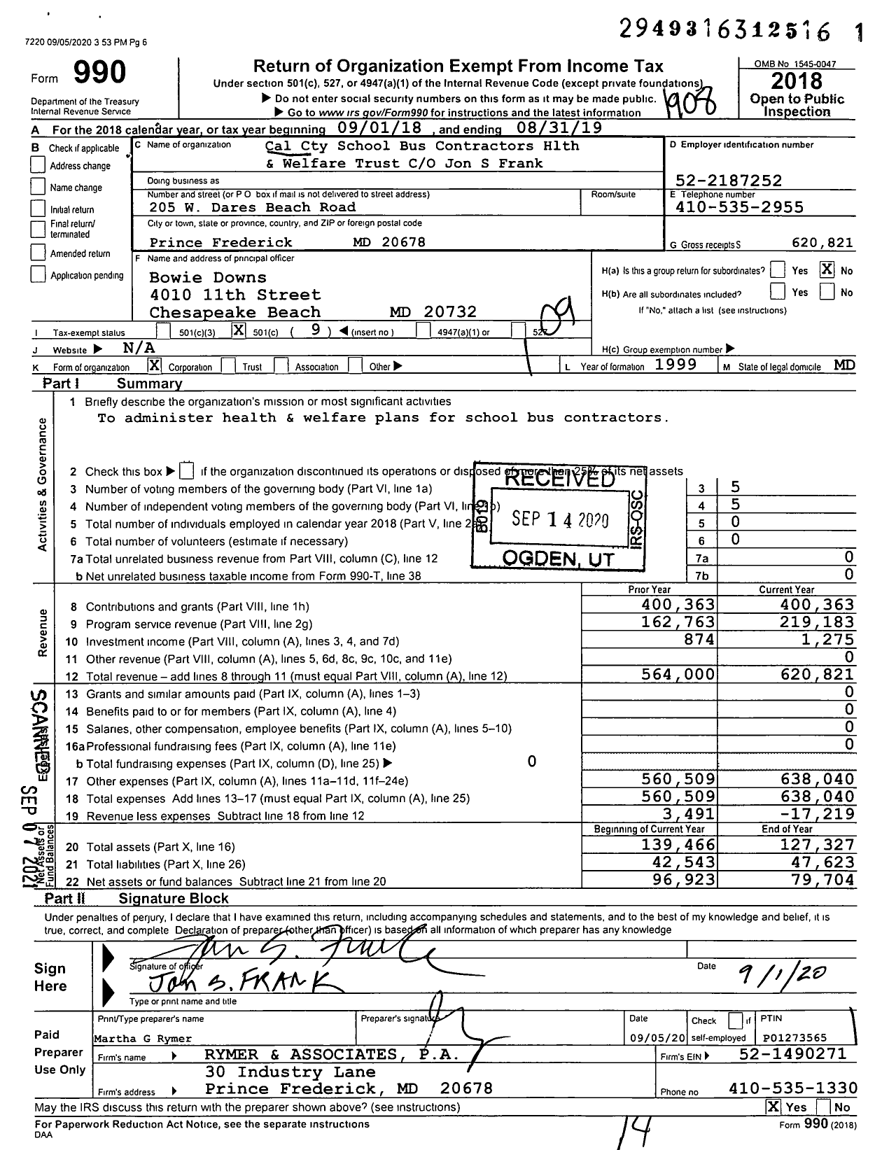 Image of first page of 2018 Form 990O for Cal Cty School Bus Contractors HLTH and Welfare Trust