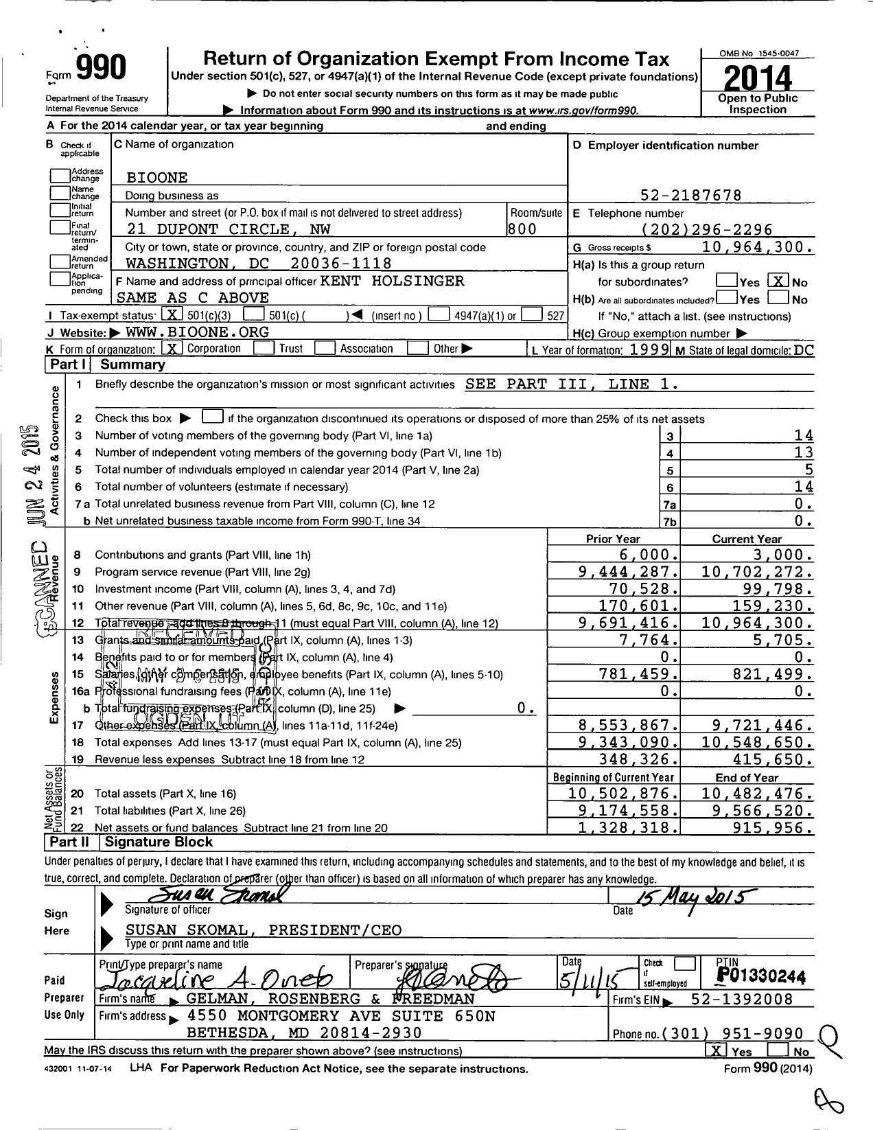 Image of first page of 2014 Form 990 for BioOne