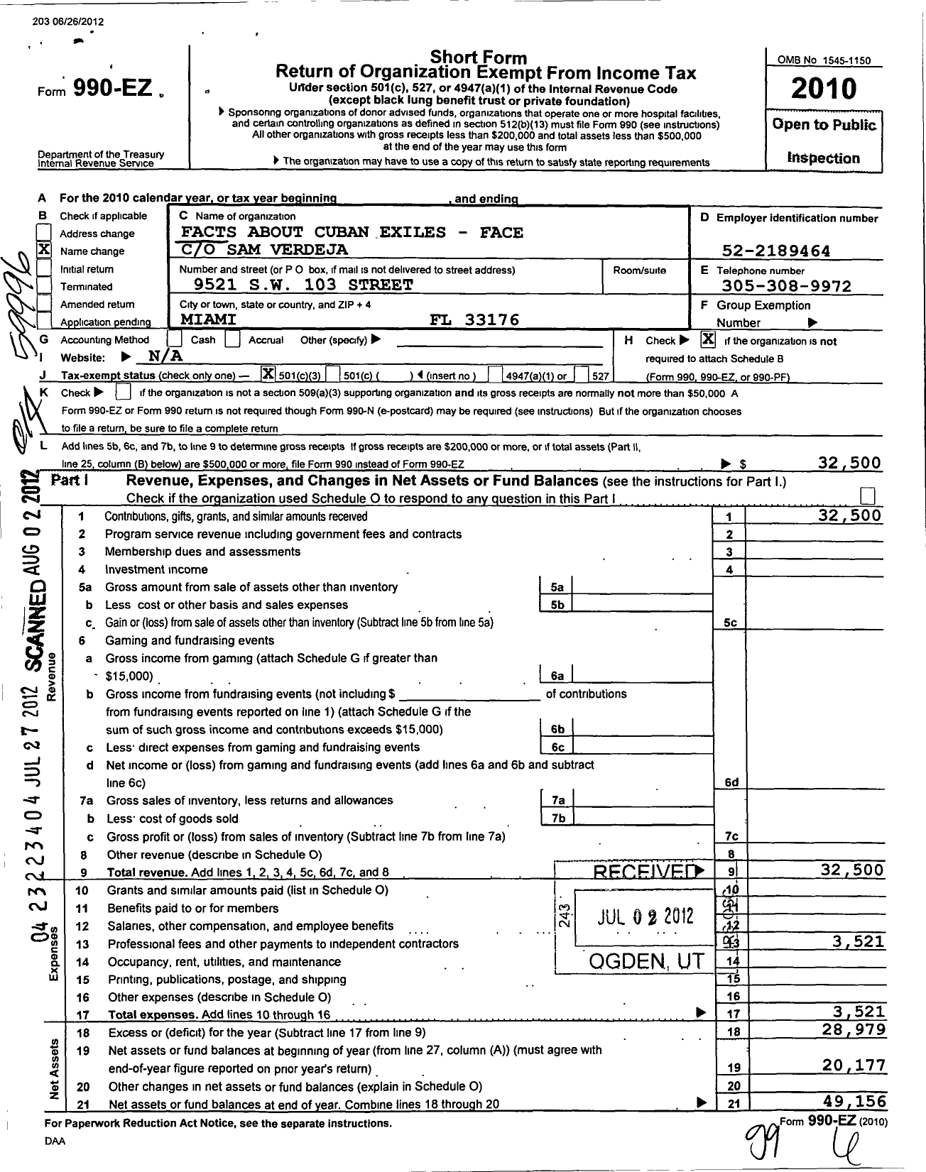 Image of first page of 2010 Form 990EZ for Facts About Cuban Exiles - F A C E