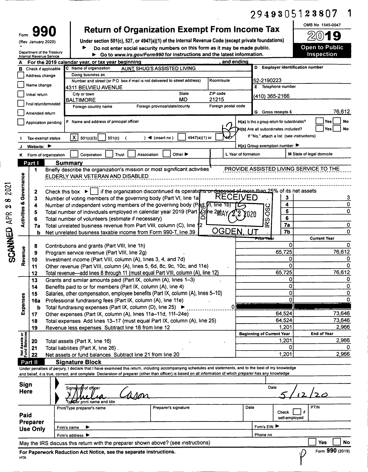 Image of first page of 2019 Form 990 for Aunt Shugs Assisted Living