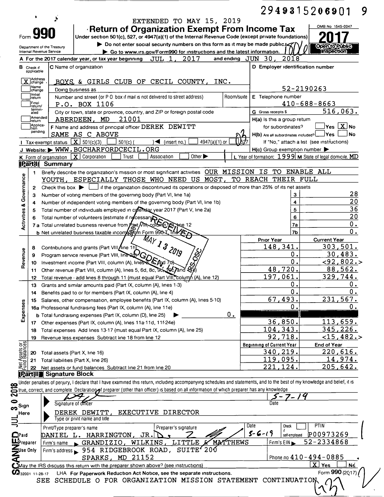 Image of first page of 2017 Form 990 for Boys and Girls Club of Cecil County