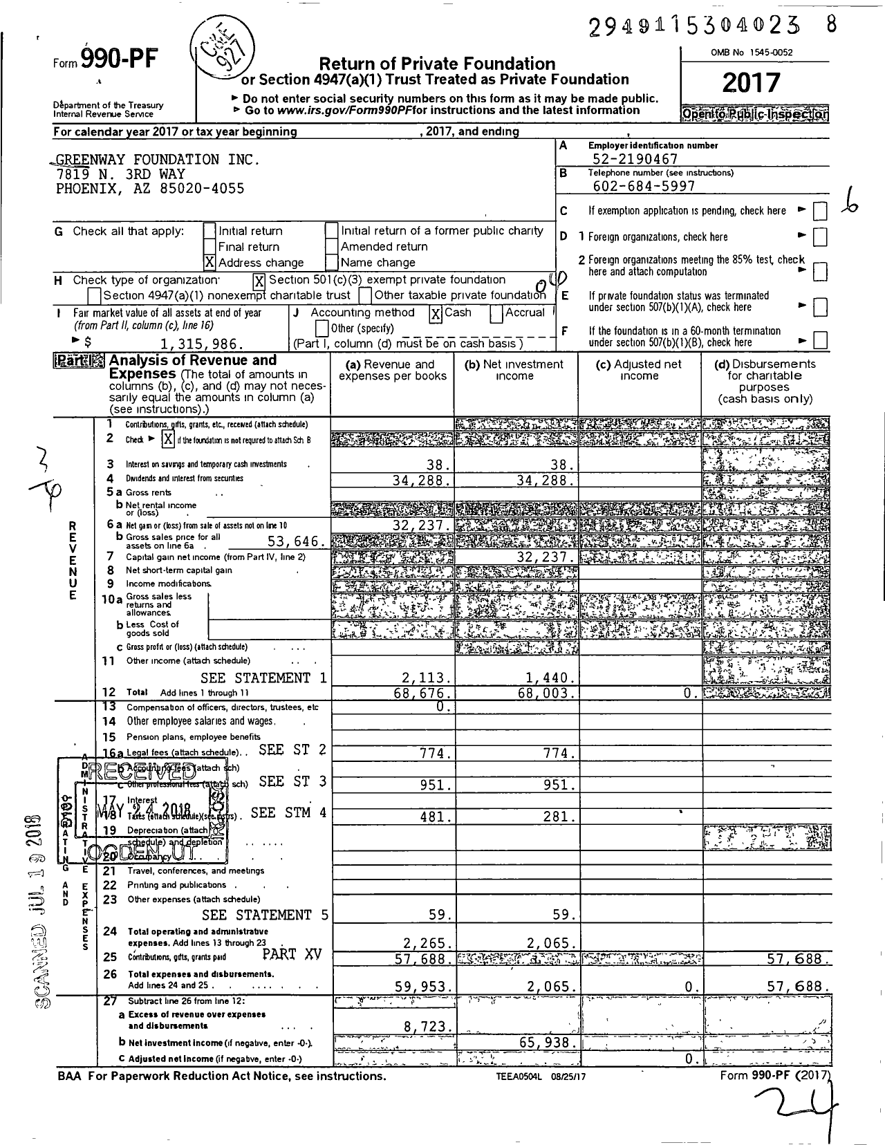Image of first page of 2017 Form 990PF for Greenway Foundation