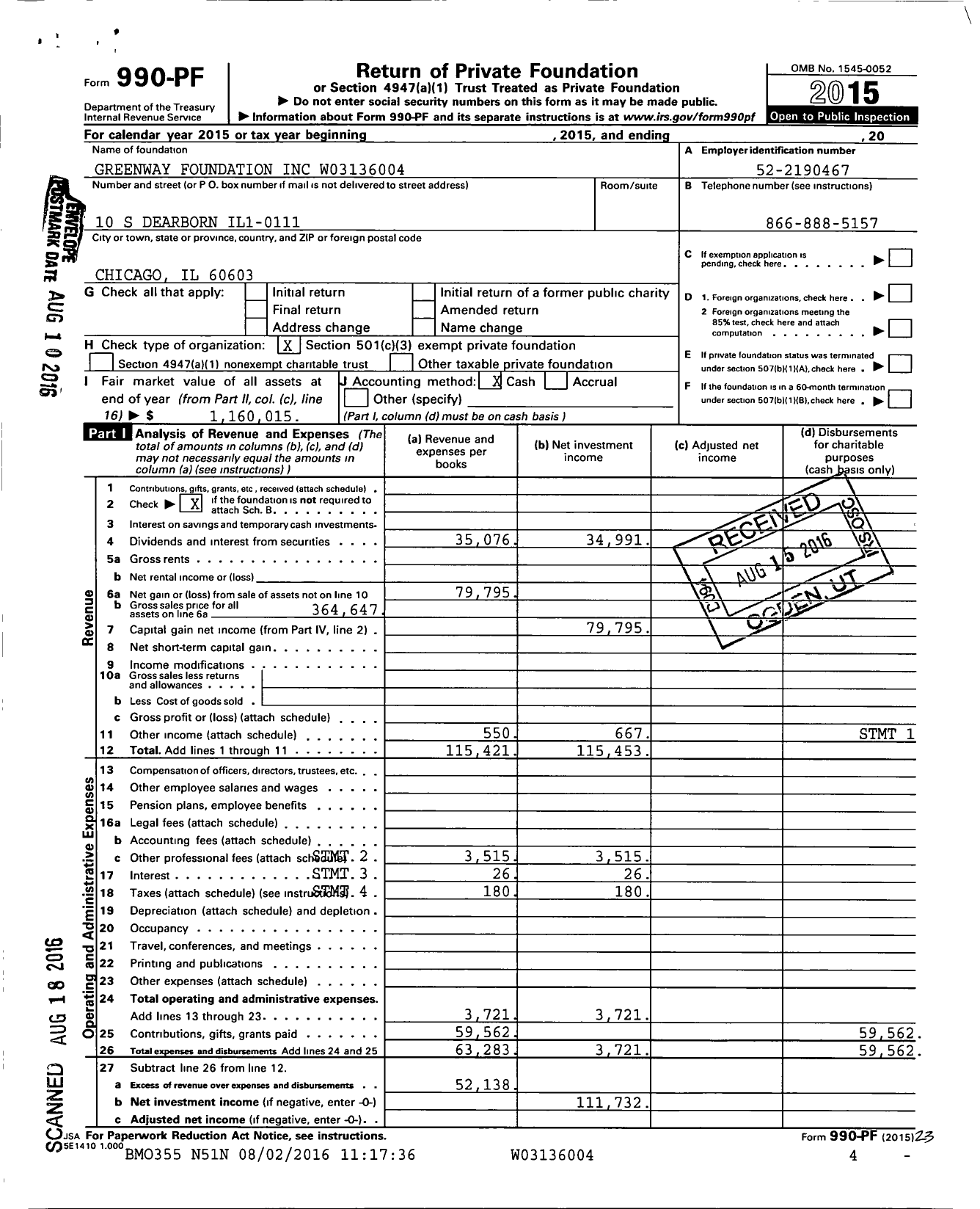 Image of first page of 2015 Form 990PF for Greenway Foundation