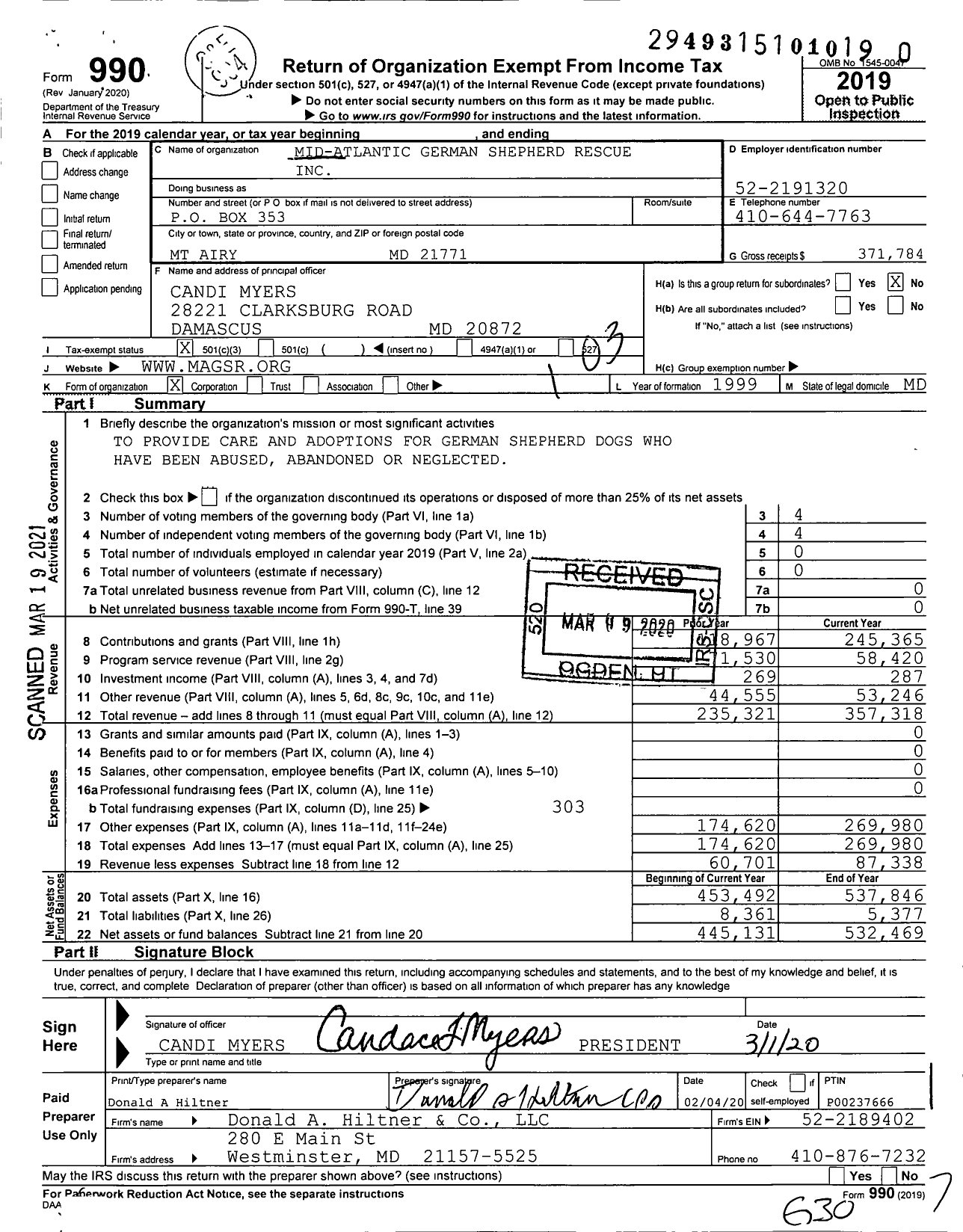 Image of first page of 2019 Form 990 for Mid-Atlantic German Shepherd Rescue