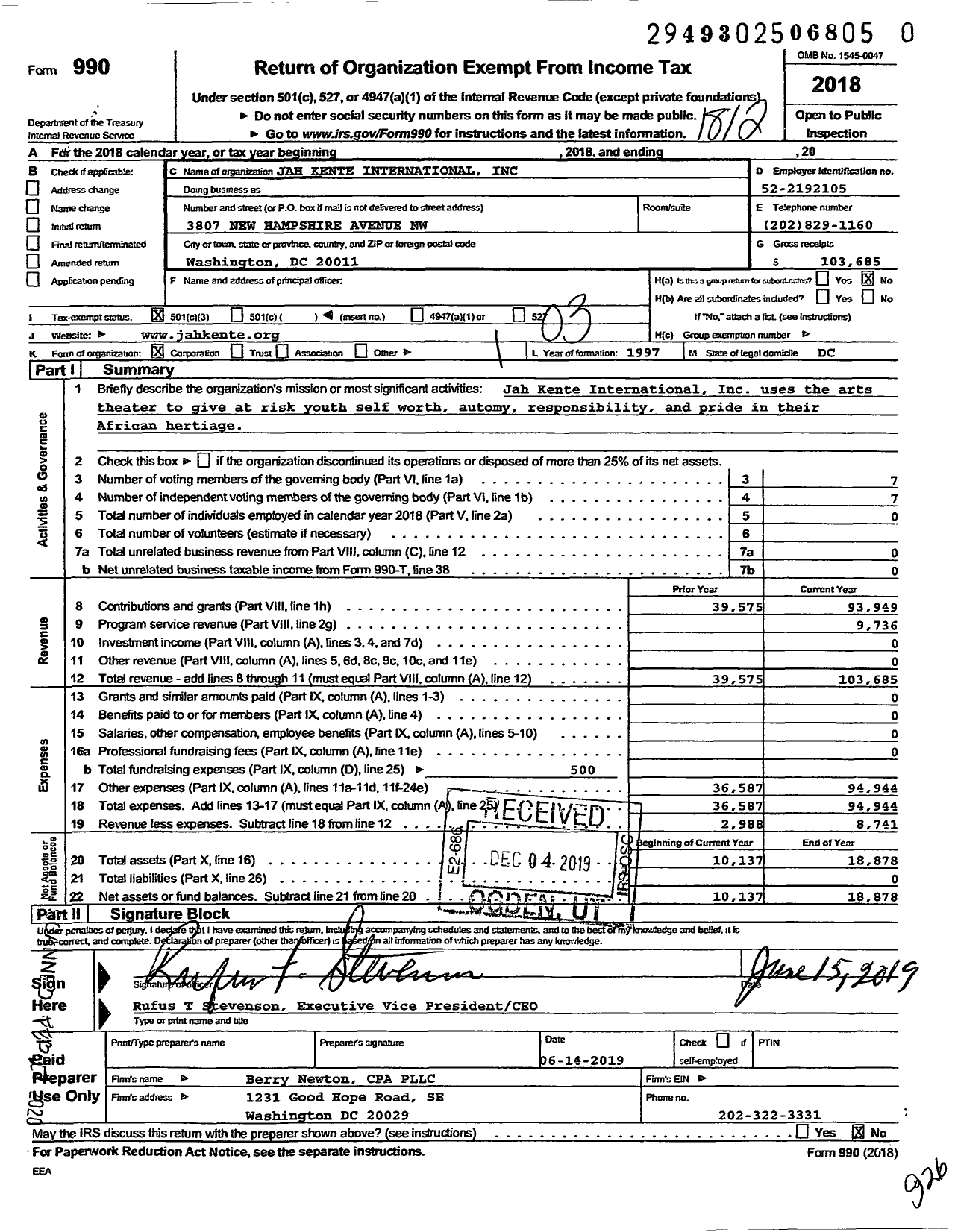 Image of first page of 2018 Form 990 for Arts Culture and Humanities