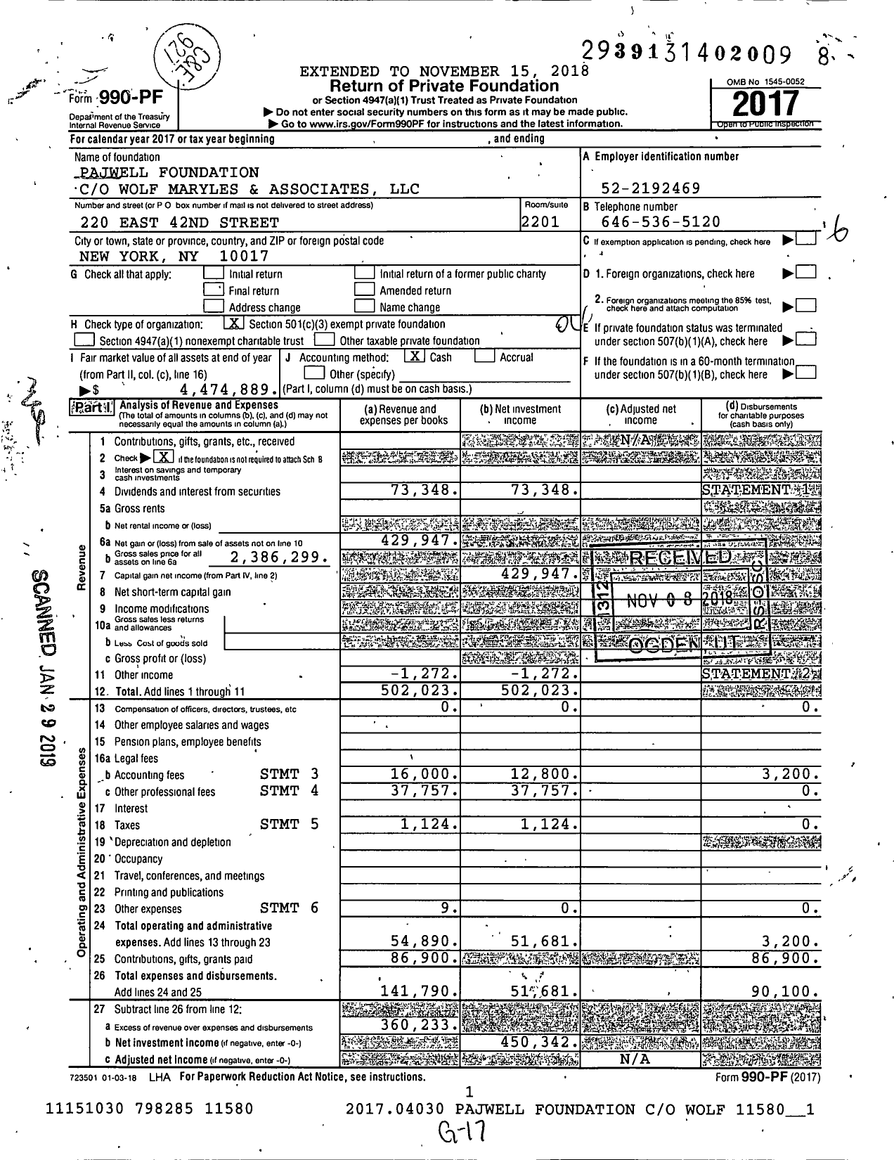 Image of first page of 2017 Form 990PF for Pajwell Foundation