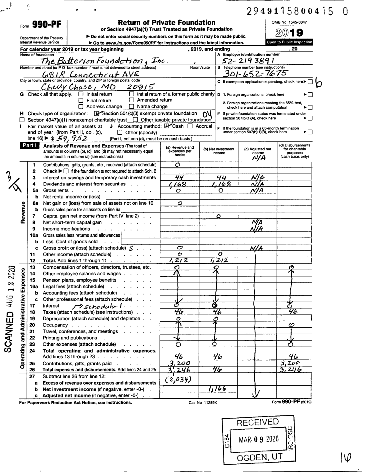 Image of first page of 2019 Form 990PR for Patterson Foundation