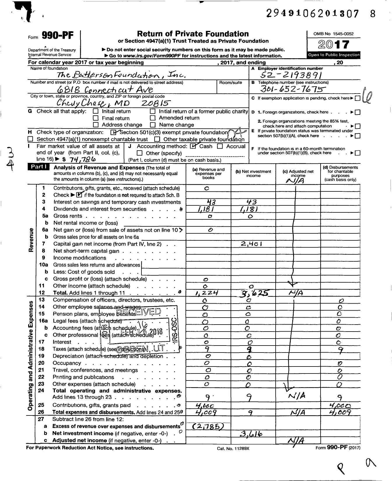Image of first page of 2017 Form 990PF for Patterson Foundation