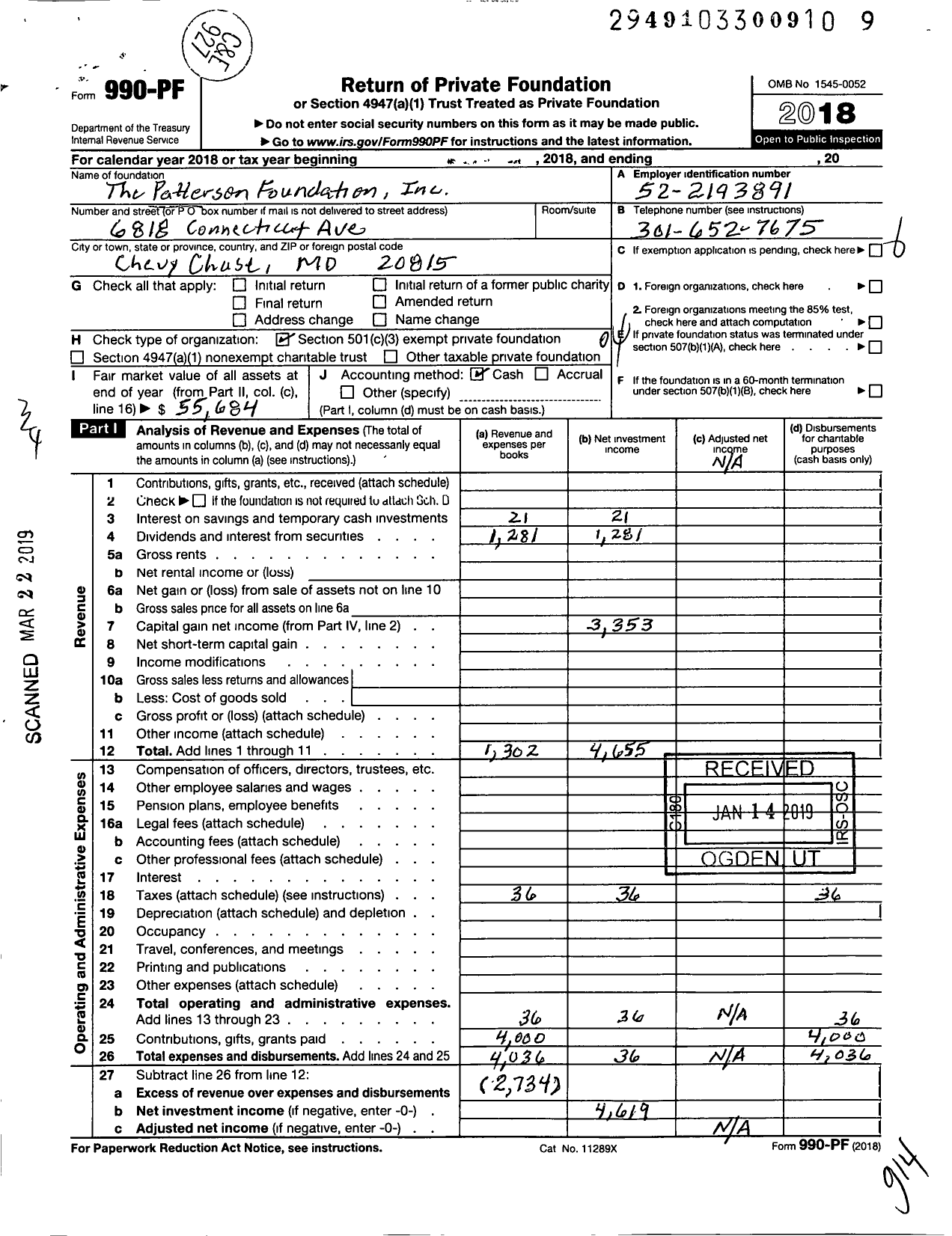 Image of first page of 2018 Form 990PF for Patterson Foundation