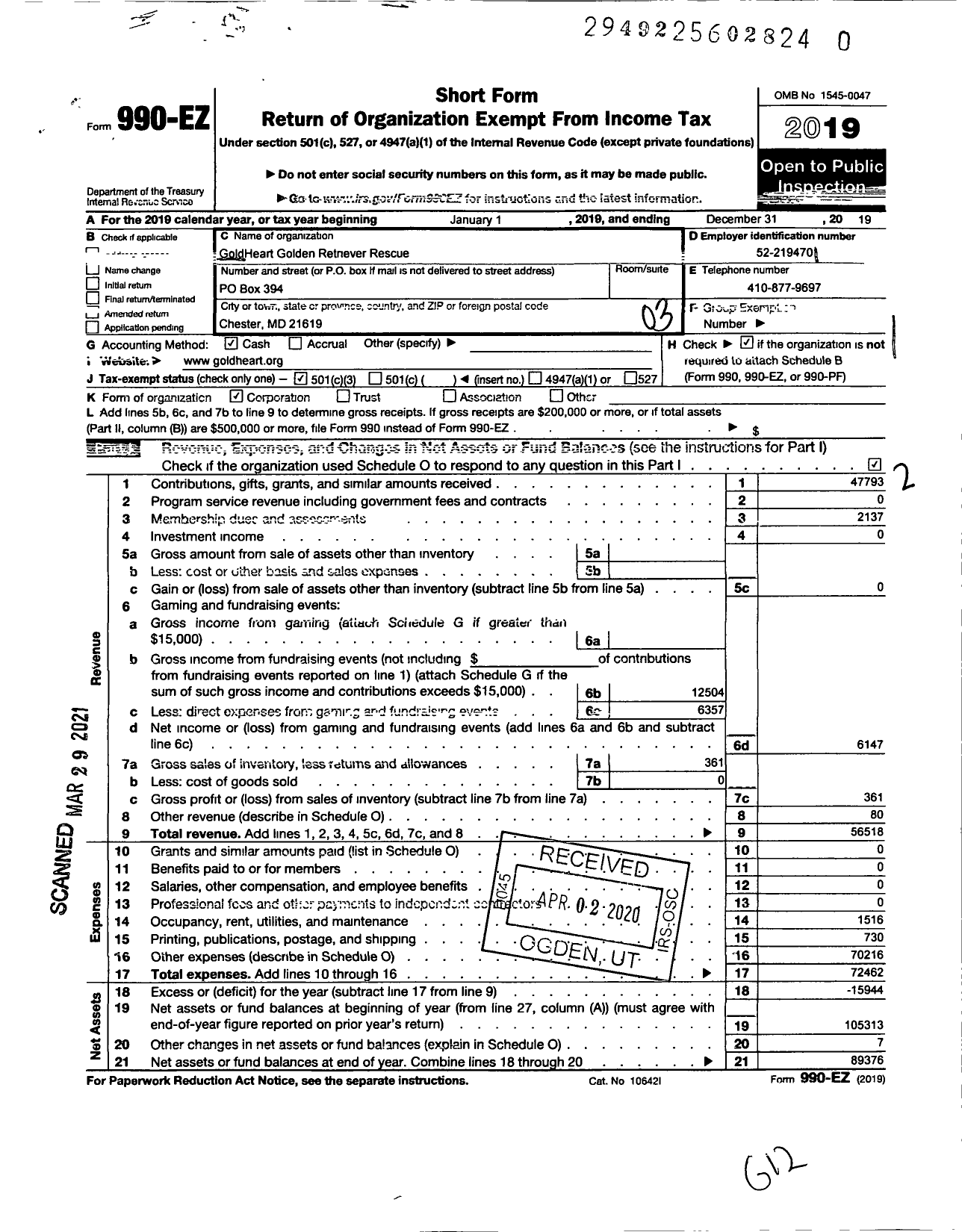 Image of first page of 2019 Form 990EZ for Goldheart Golden Retrievers Rescue