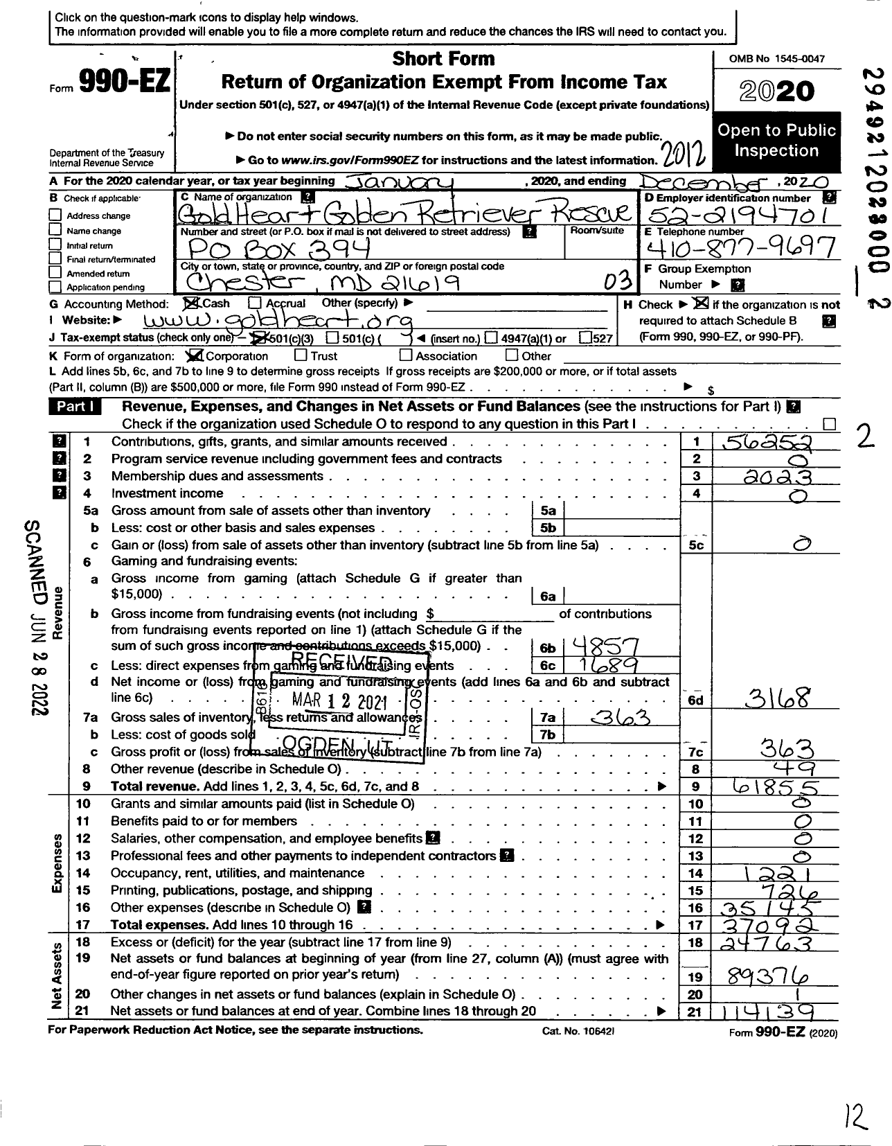 Image of first page of 2020 Form 990EZ for Goldheart Golden Retrievers Rescue