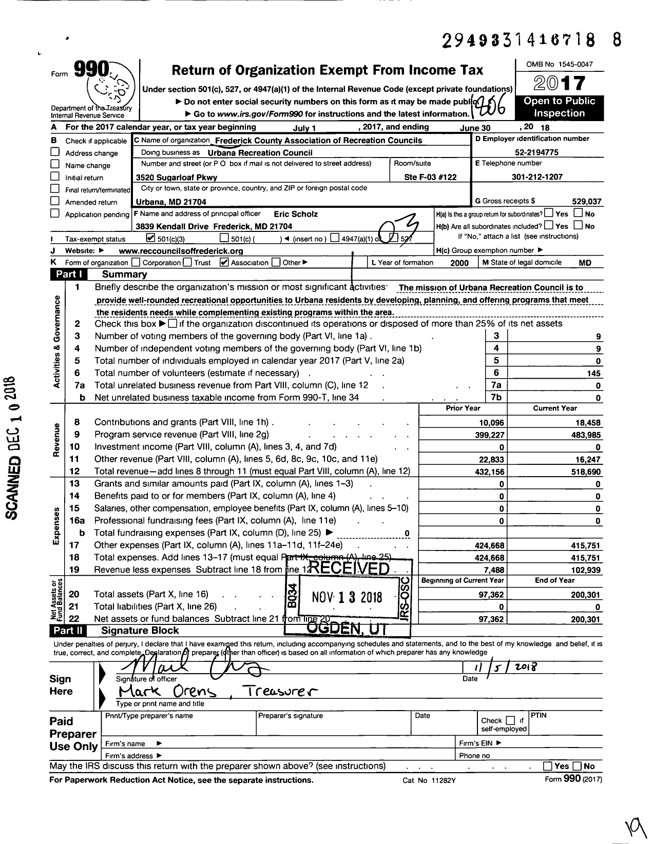 Image of first page of 2017 Form 990 for Urbana Recreation Councils