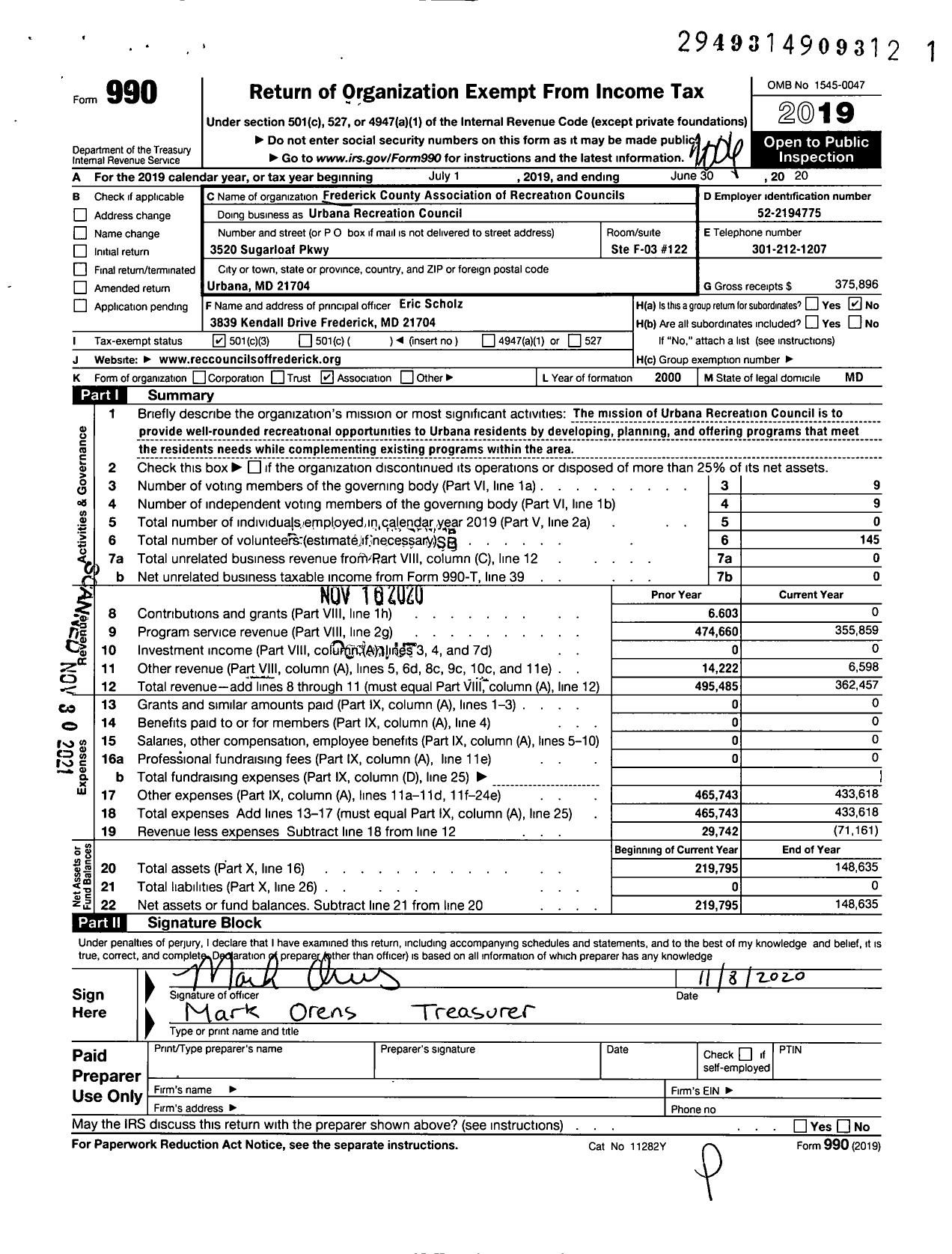 Image of first page of 2019 Form 990 for Urbana Recreation Councils