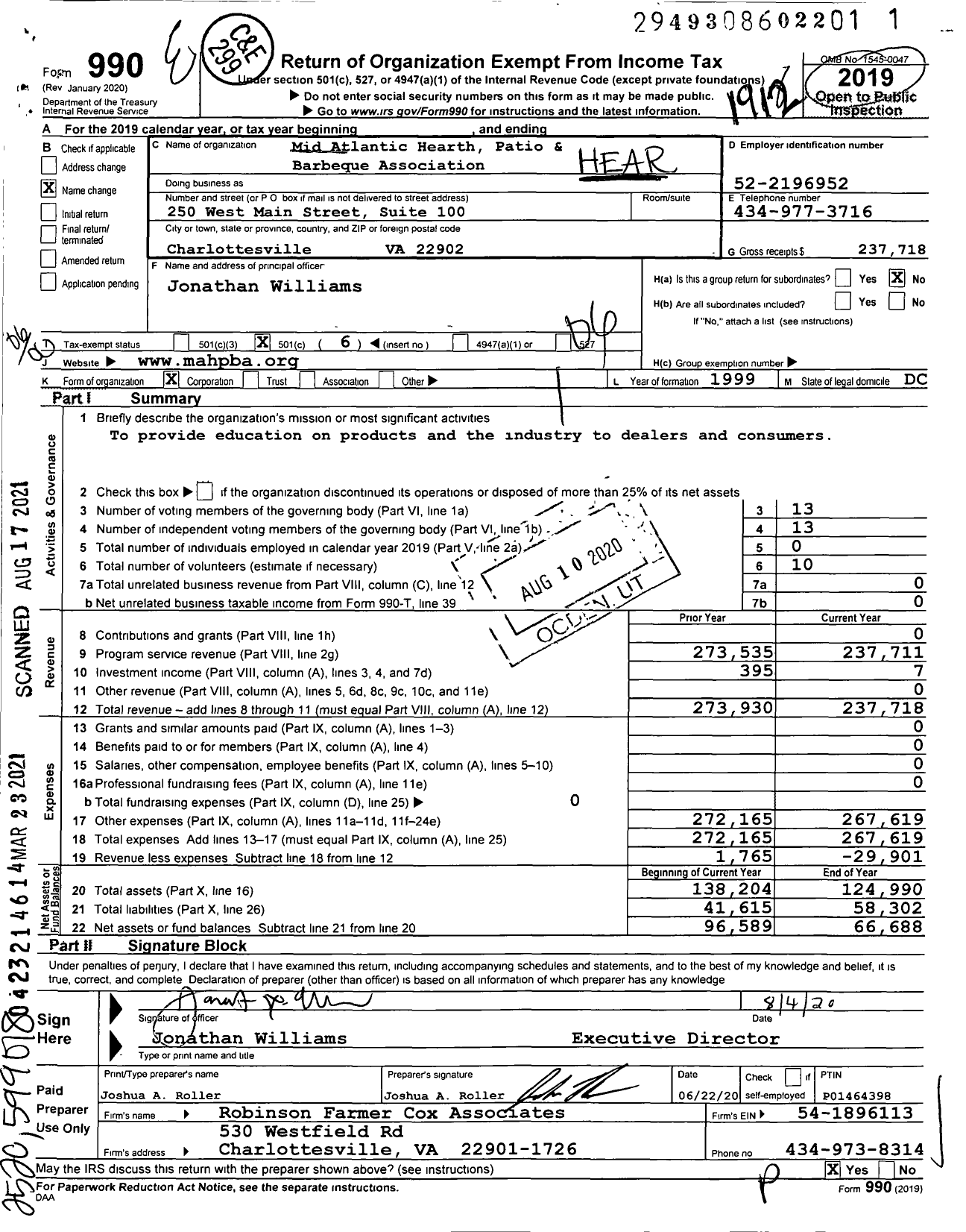 Image of first page of 2019 Form 990O for Mid Atlantic Hearth Patio and Barbeque Association