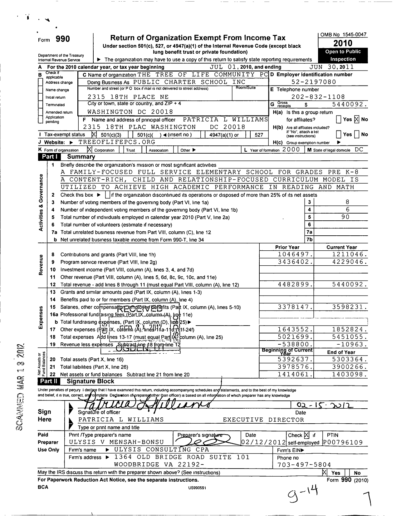Image of first page of 2010 Form 990 for Tree of Life Community Public Charter School