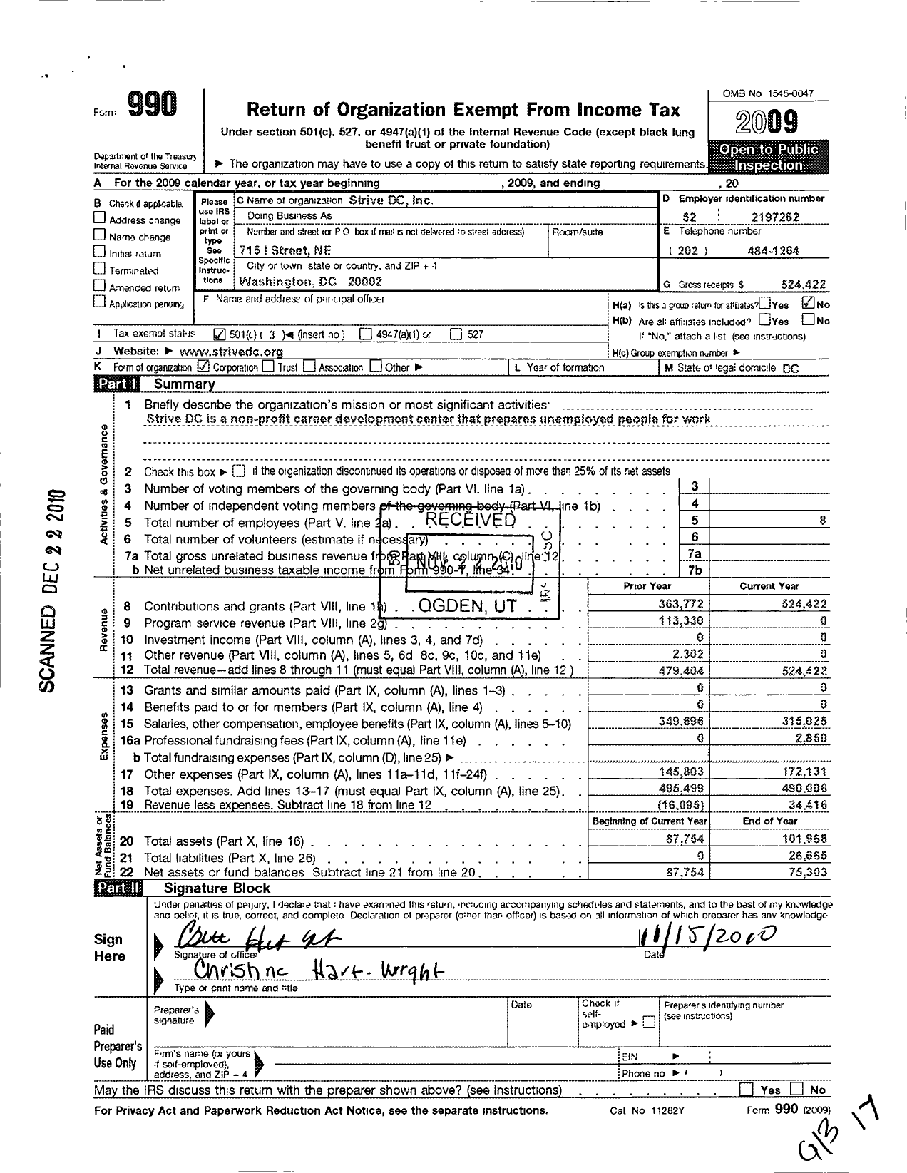 Image of first page of 2009 Form 990 for Strive DC