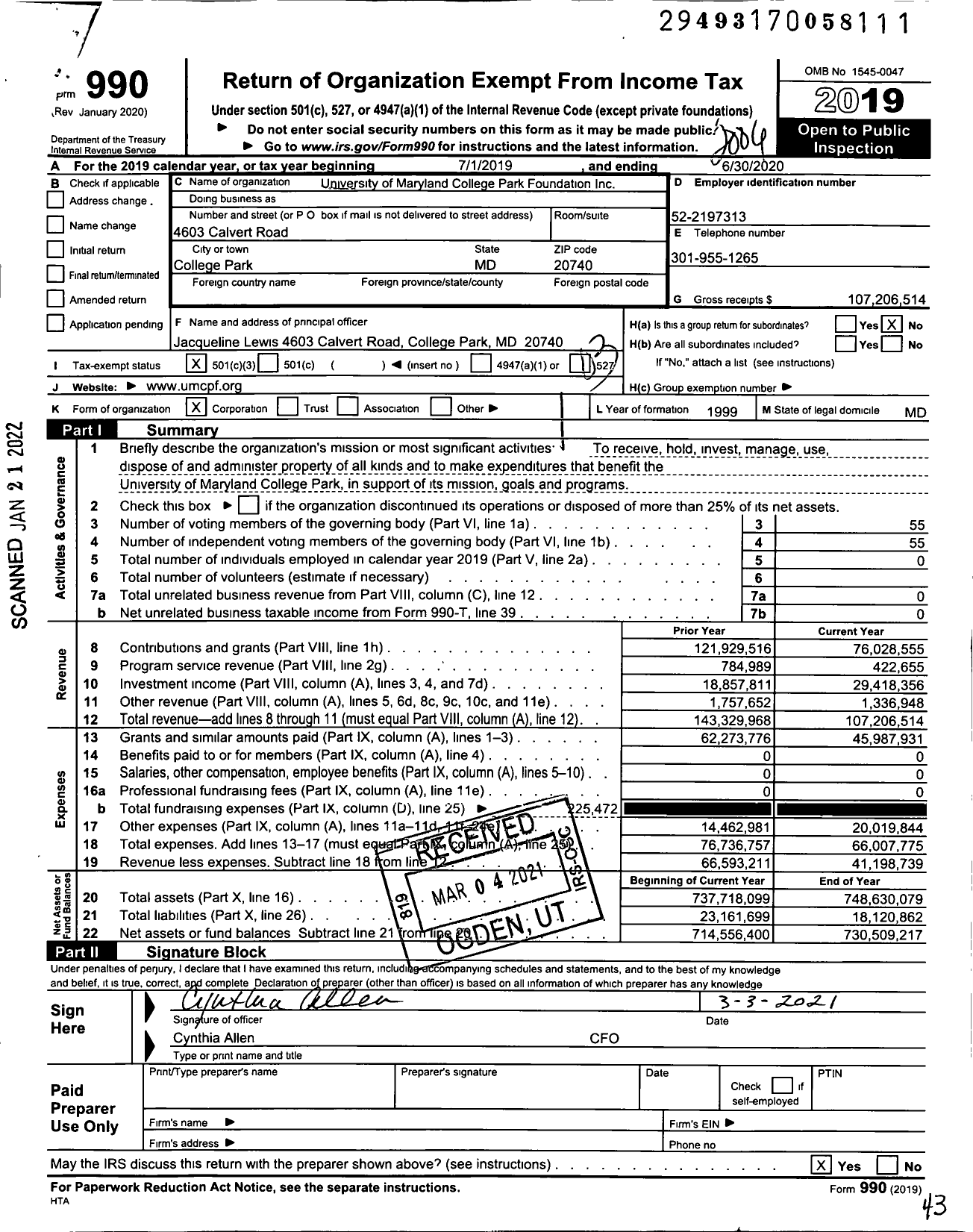 Image of first page of 2019 Form 990 for University of Maryland College Park Foundation